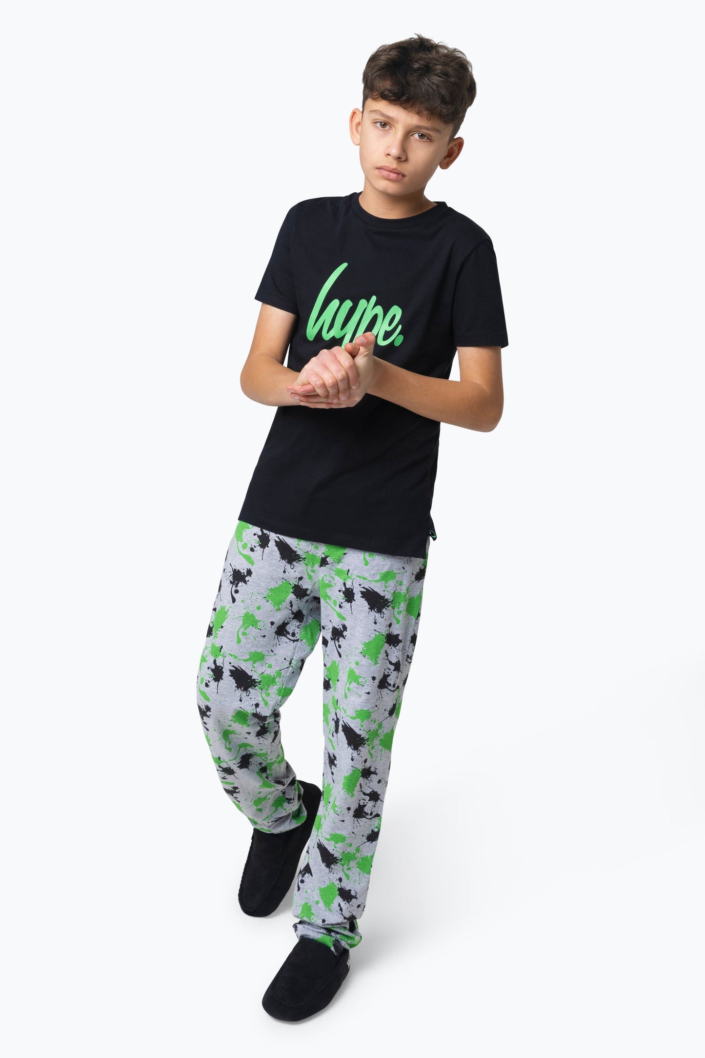 1PACK BOYS HYPE T-SHIRT & LONG PANT SPLAT PJ SET BLACK GREY GREEN