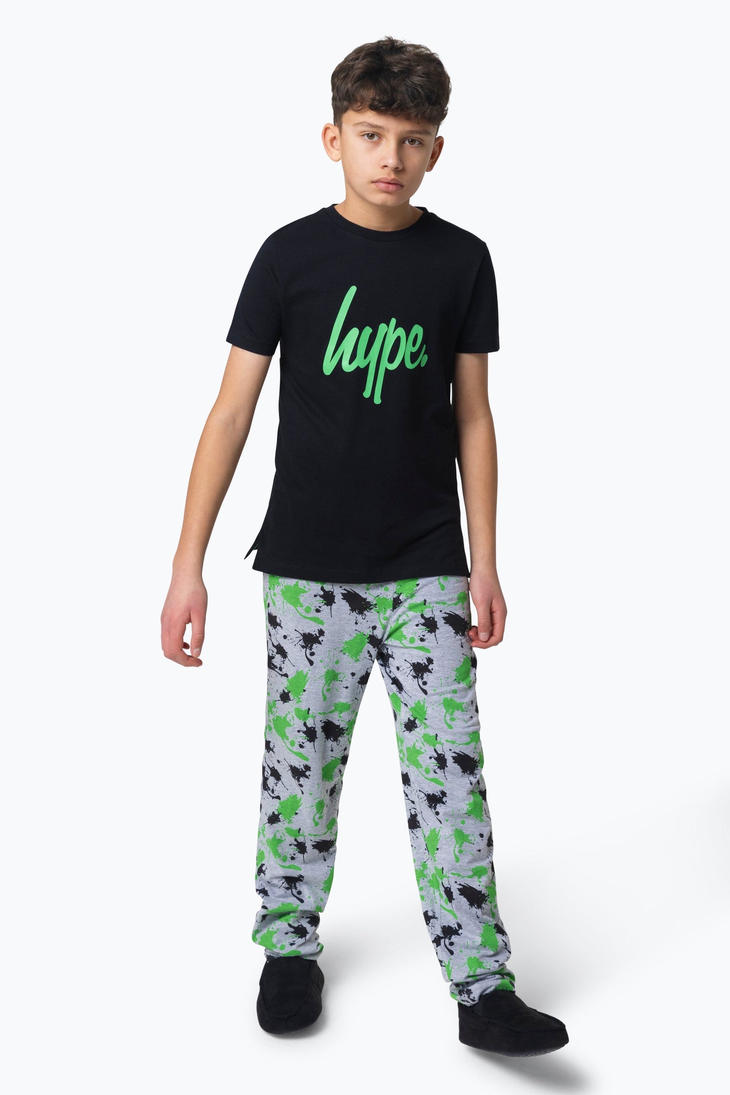 1PACK BOYS HYPE T-SHIRT & LONG PANT SPLAT PJ SET BLACK GREY GREEN