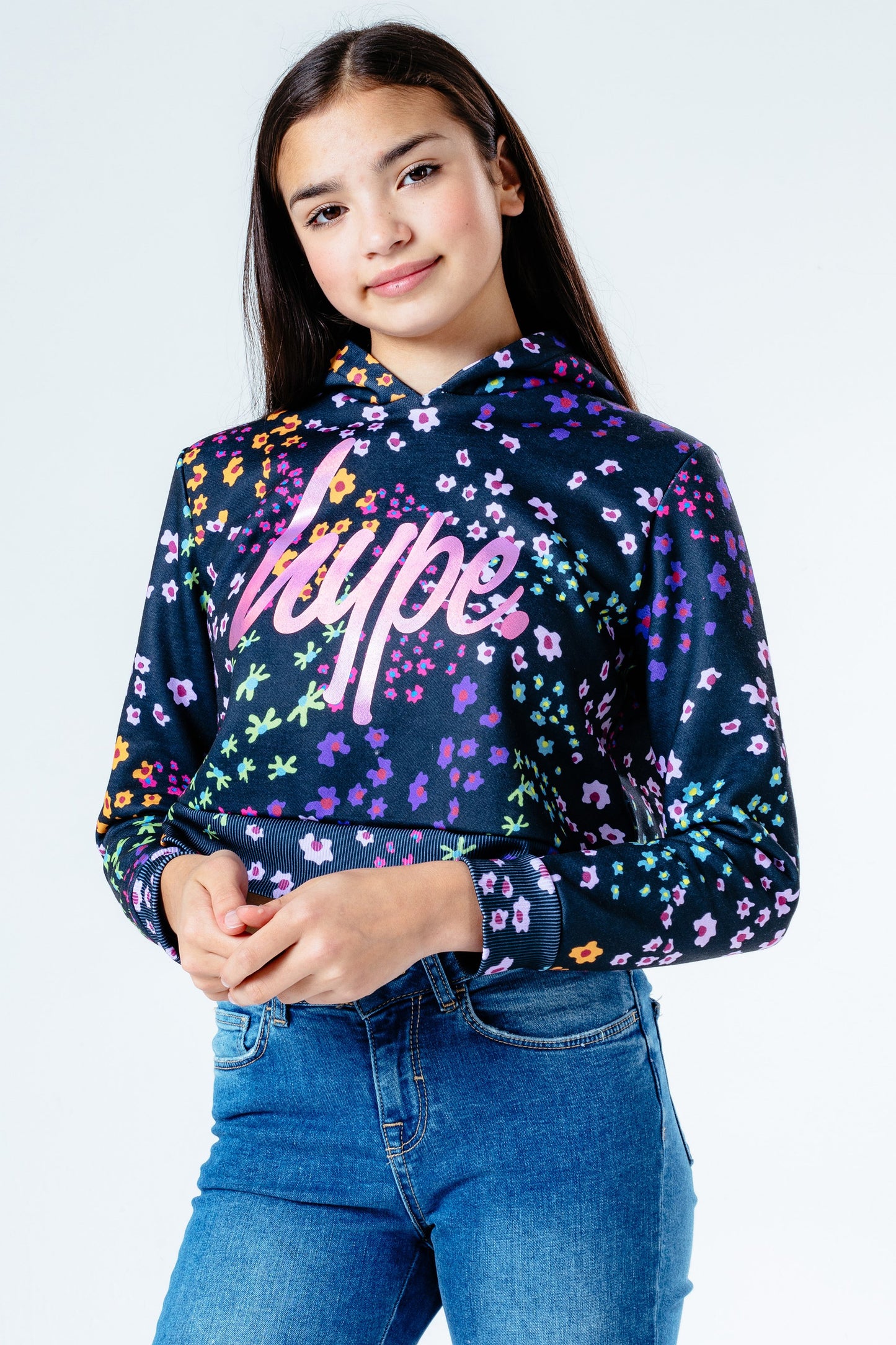 Hype Black Floral Ditsy Kids Crop Pullover Hoodie