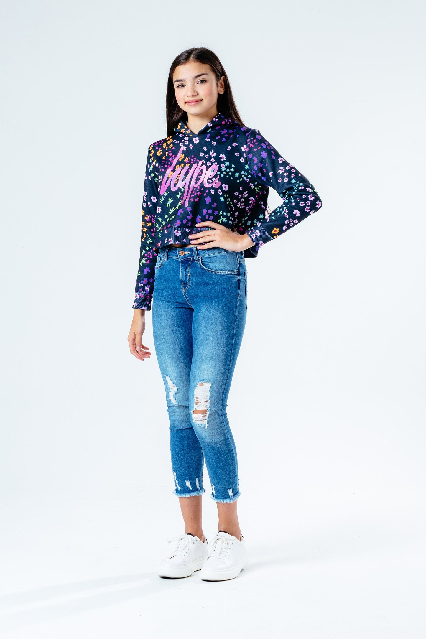 Hype Black Floral Ditsy Kids Crop Pullover Hoodie