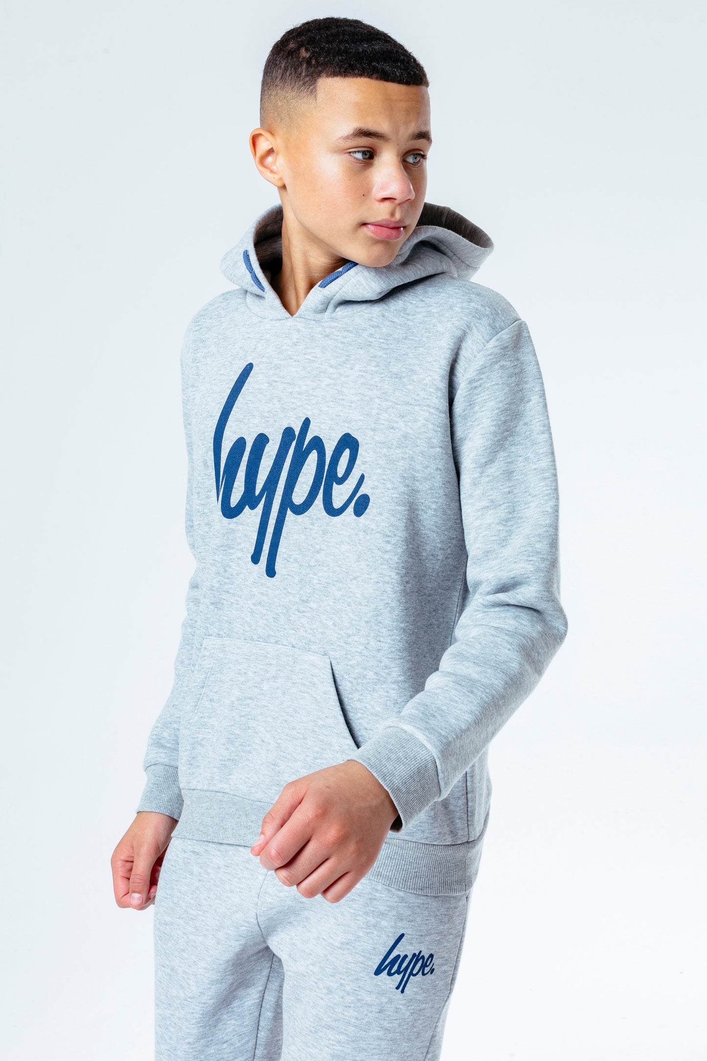 Hype Grey With Navy Script Kids Hoodie & Jogger Set