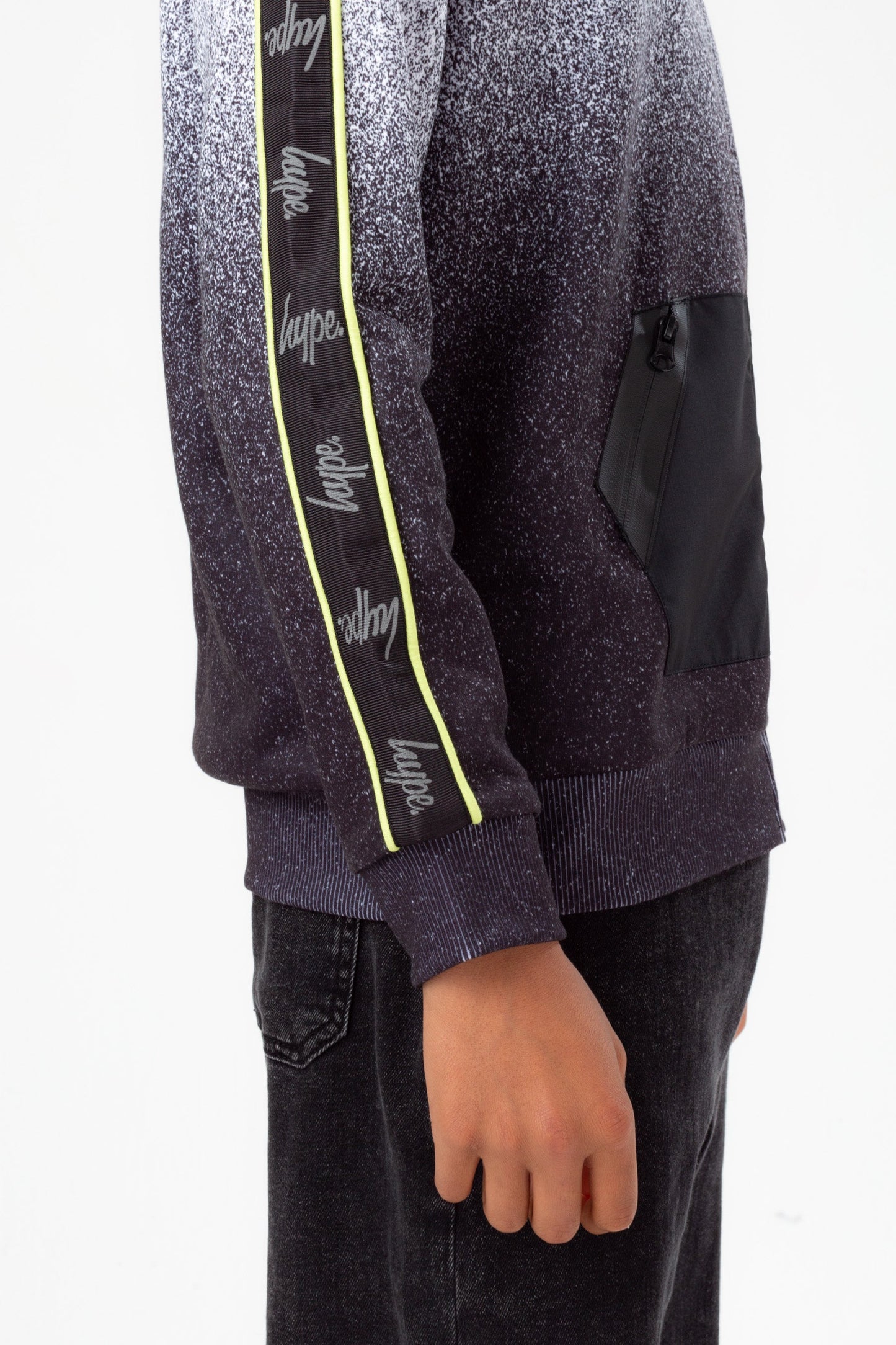 HYPE BOYS MONO SPECKLE FADE LIME TAPE SCRIPT ZIP HOODIE
