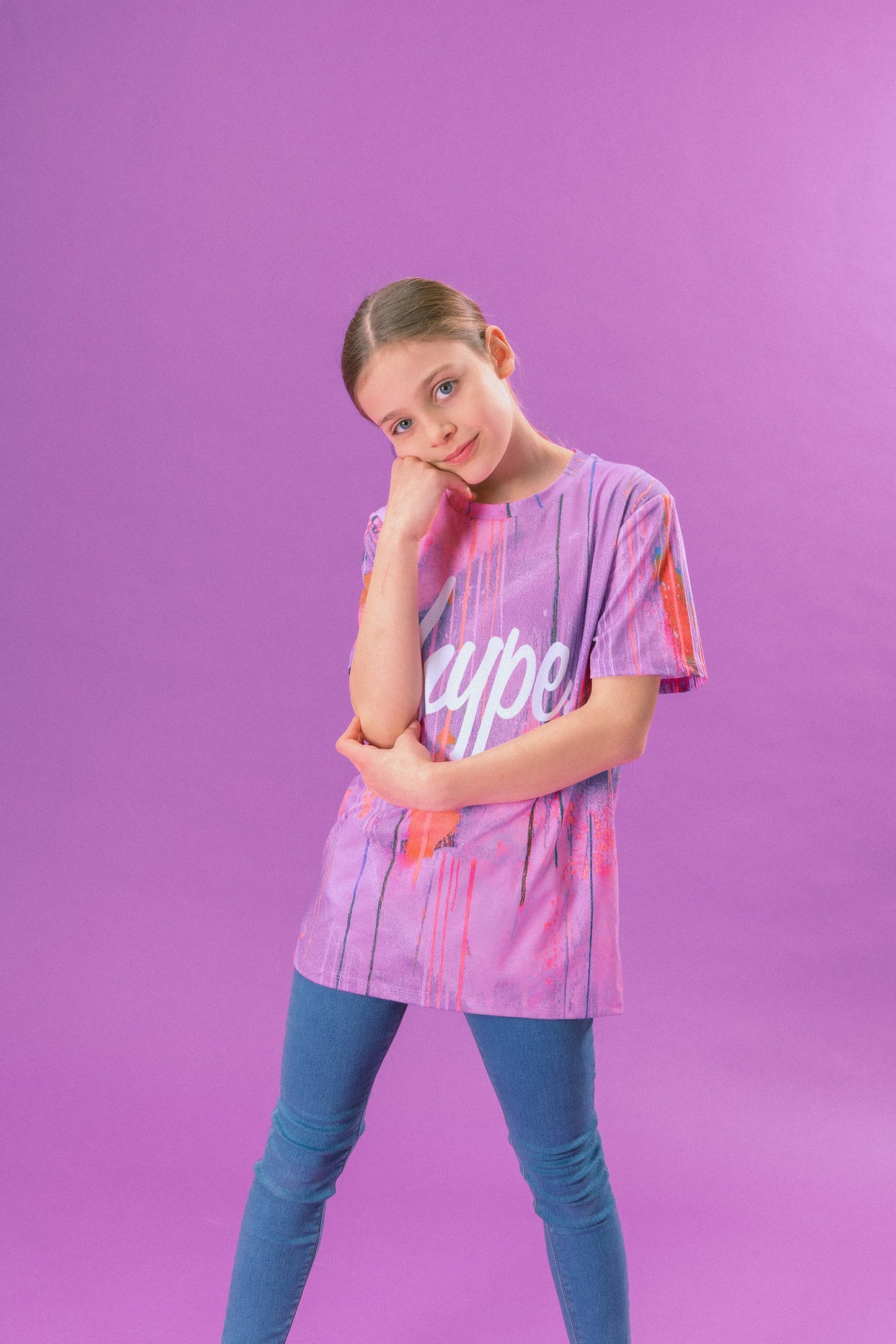 HYPE GIRLS PINK SPRAY DRIP SCRIPT T-SHIRT