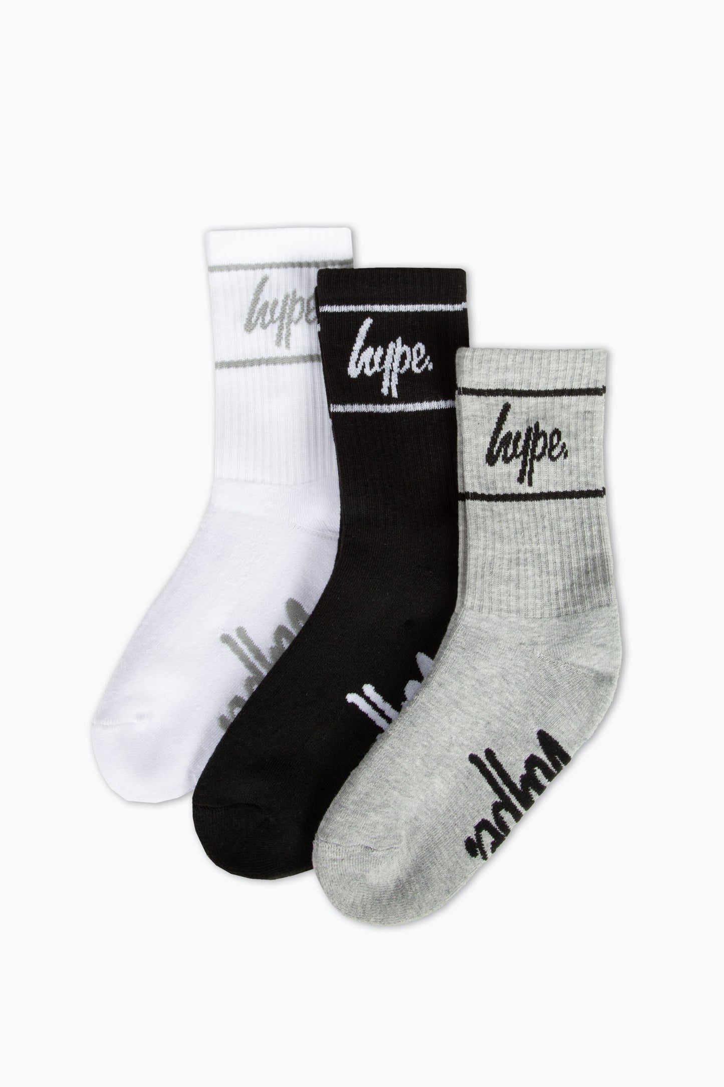 3PACK BOYS HYPE SOCKS STRIPE FRAME LOGO WHITE BLACK GREY