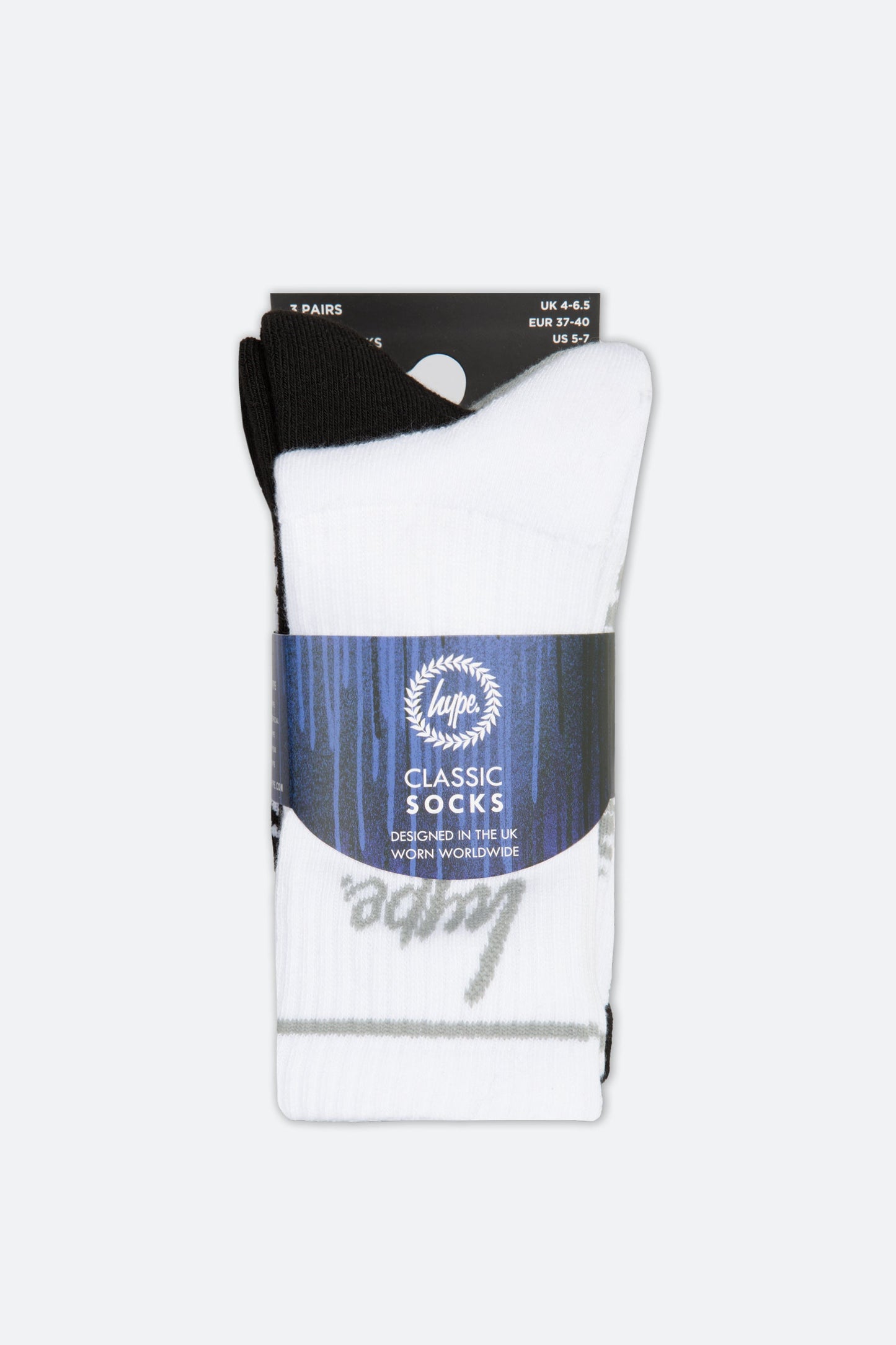 3PACK BOYS HYPE SOCKS STRIPE FRAME LOGO WHITE BLACK GREY