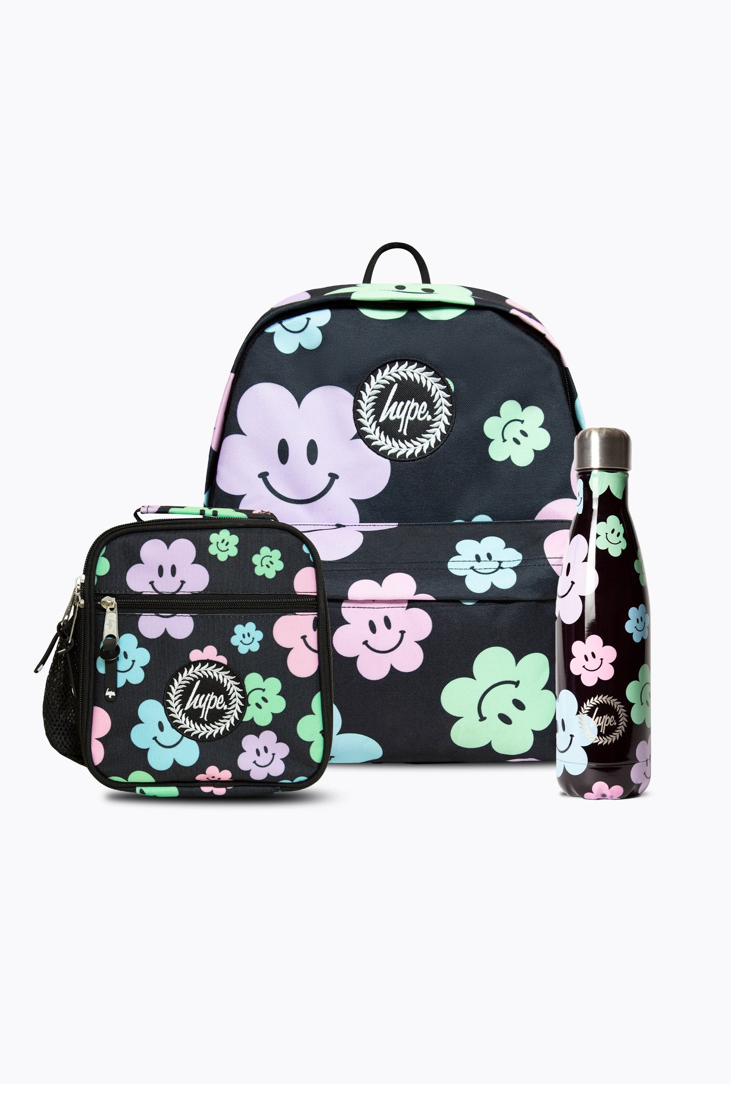 HYPE GIRLS BLACK HAPPY FLOWERS BACKPACK, LUNCHBAG & BOTTLE BUNDLE