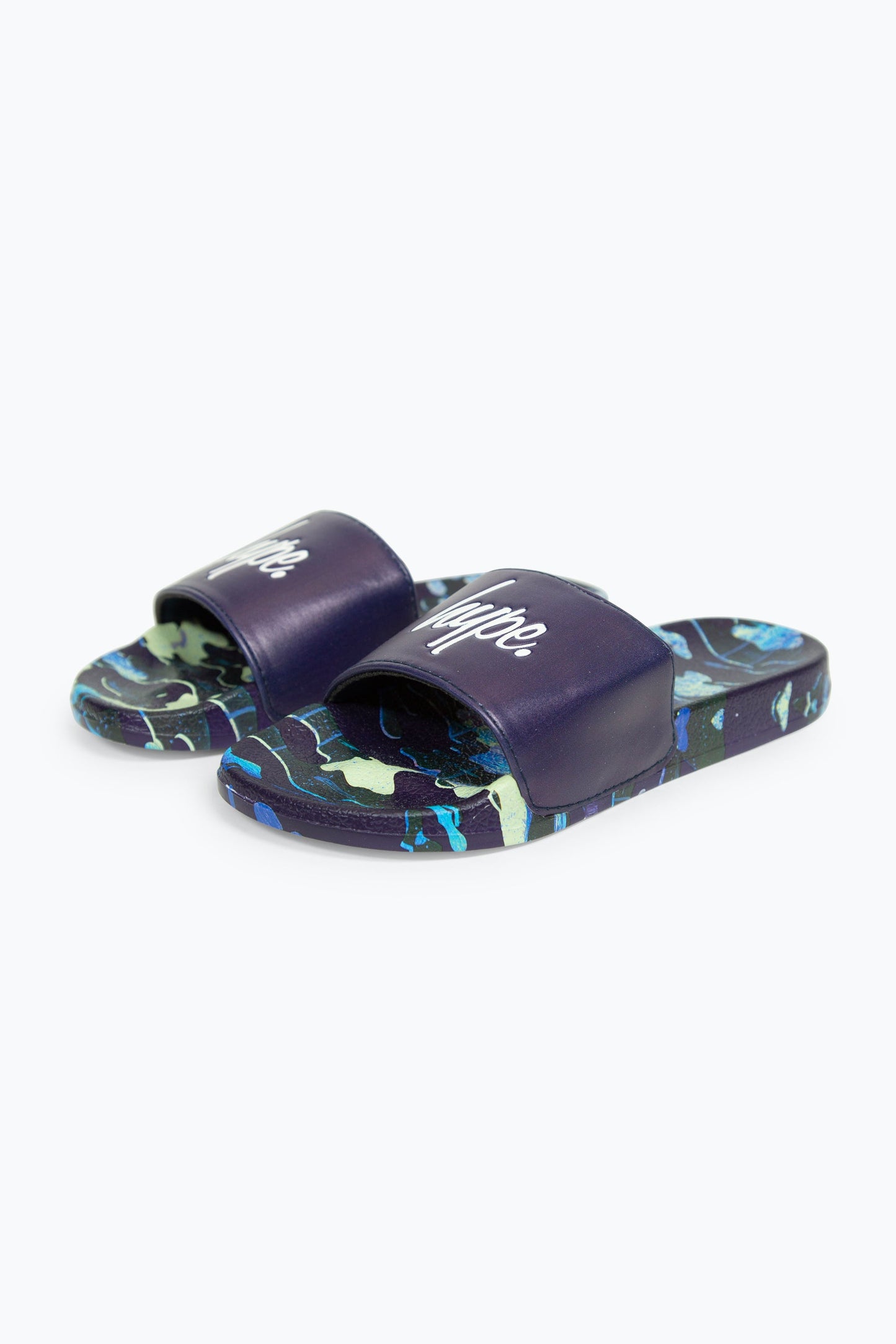 HYPE BOYS MULTI NAVY OVERLAY CAMO SCRIPT SLIDERS