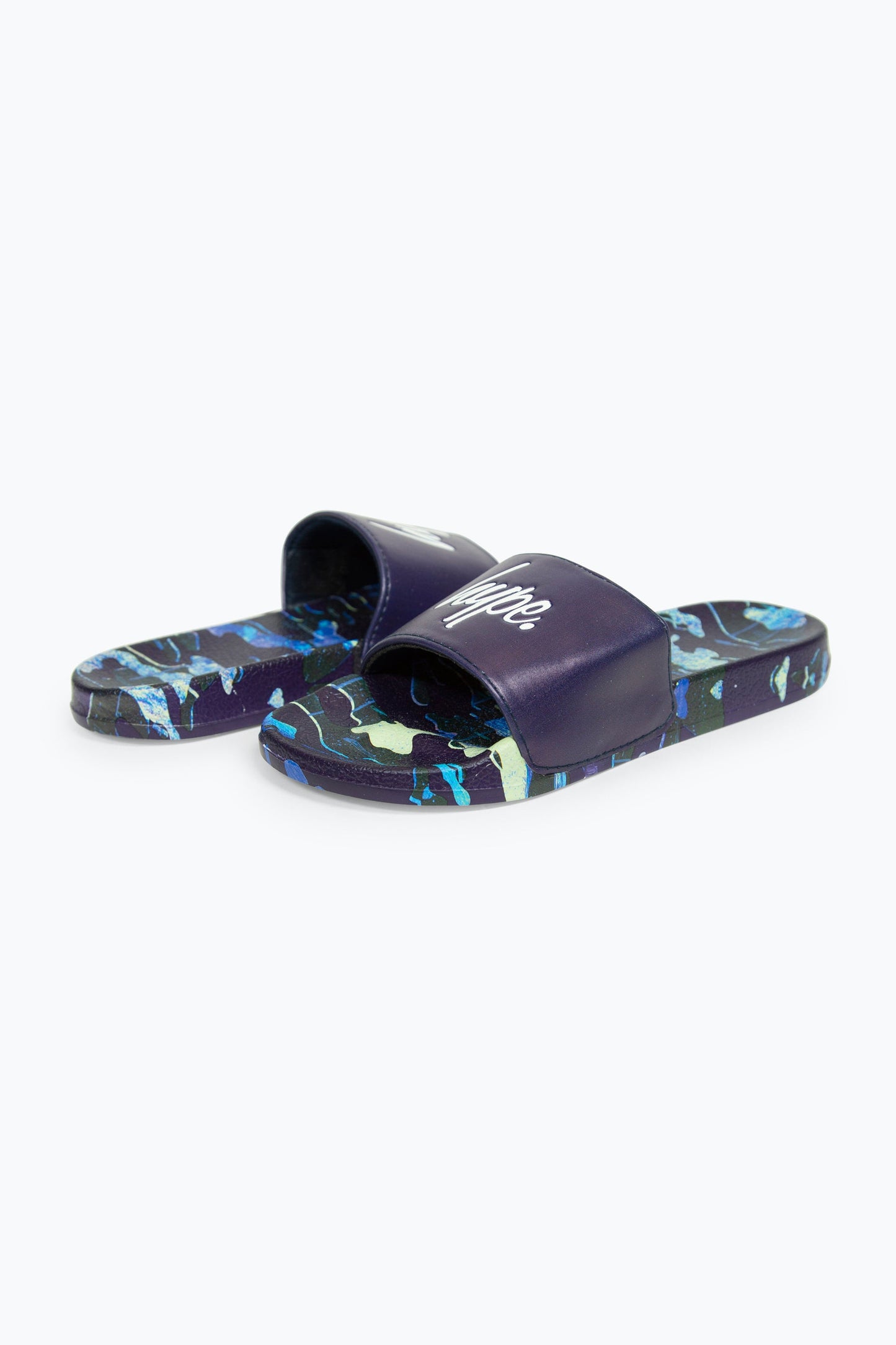 HYPE BOYS MULTI NAVY OVERLAY CAMO SCRIPT SLIDERS