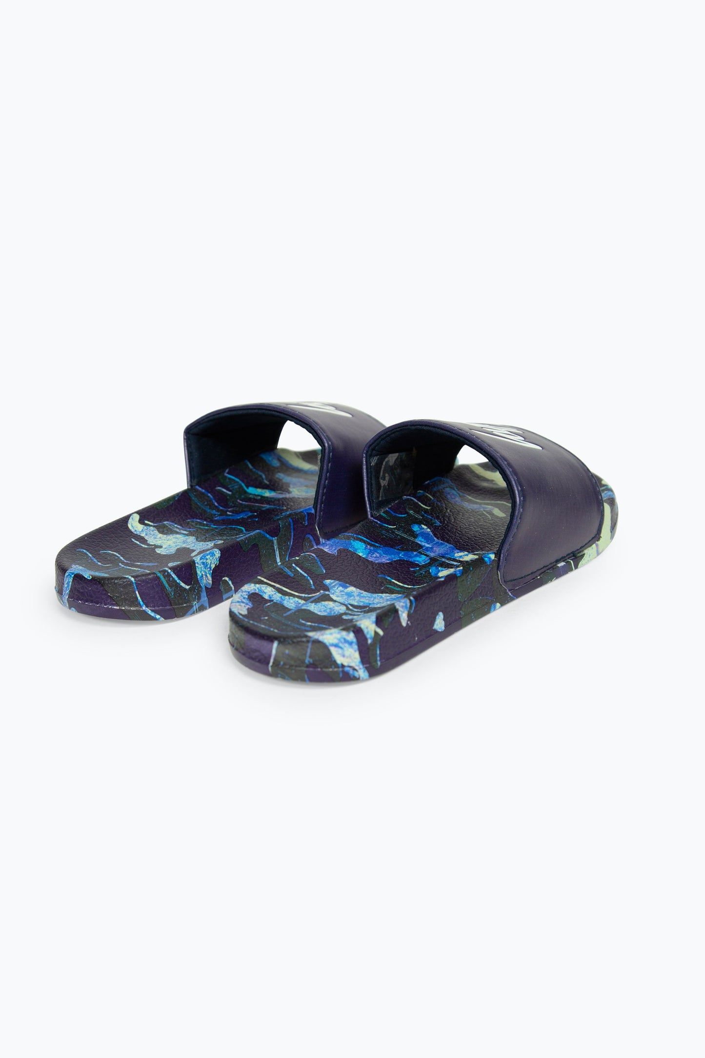 HYPE BOYS MULTI NAVY OVERLAY CAMO SCRIPT SLIDERS