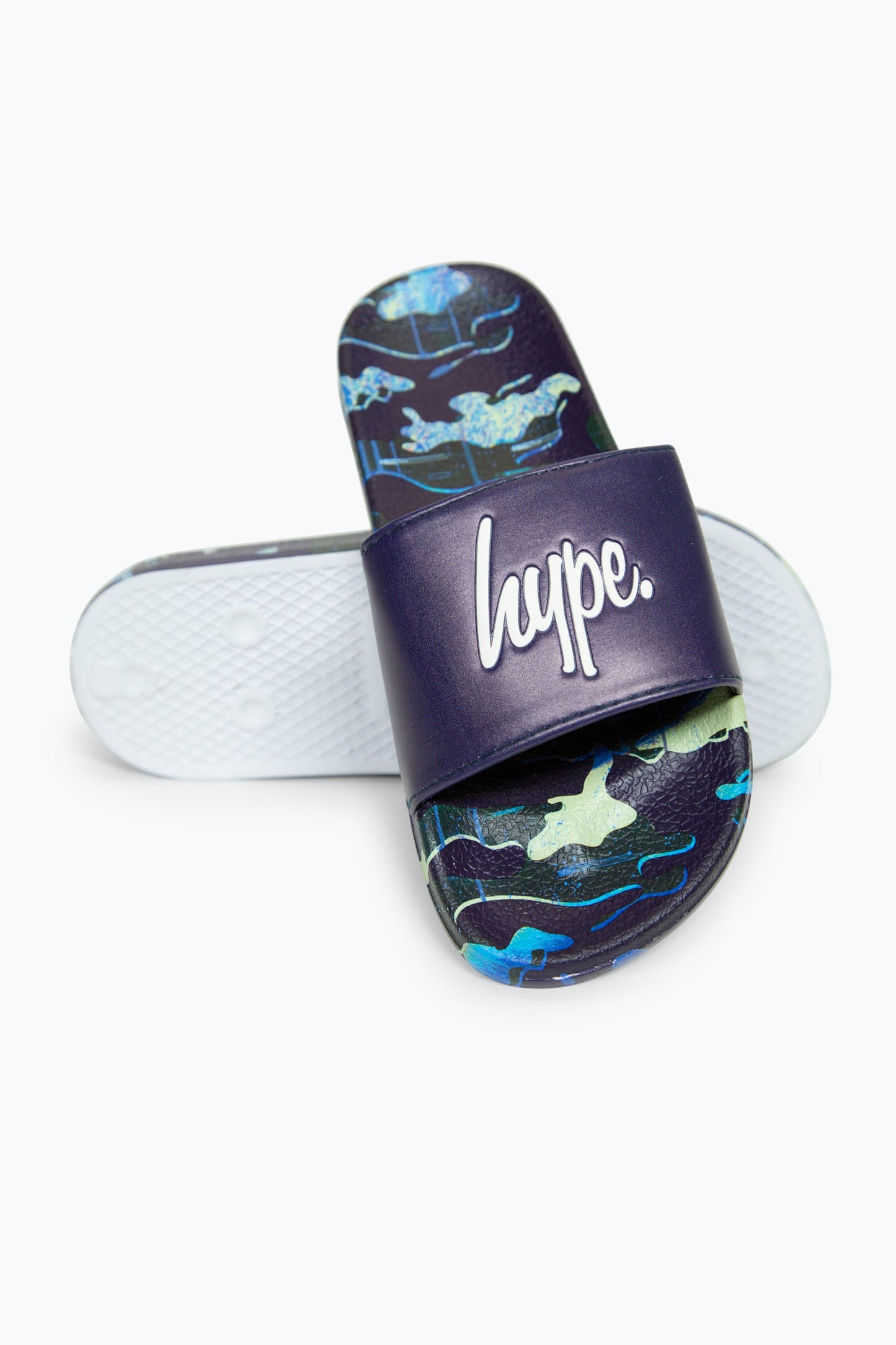 HYPE BOYS MULTI NAVY OVERLAY CAMO SCRIPT SLIDERS