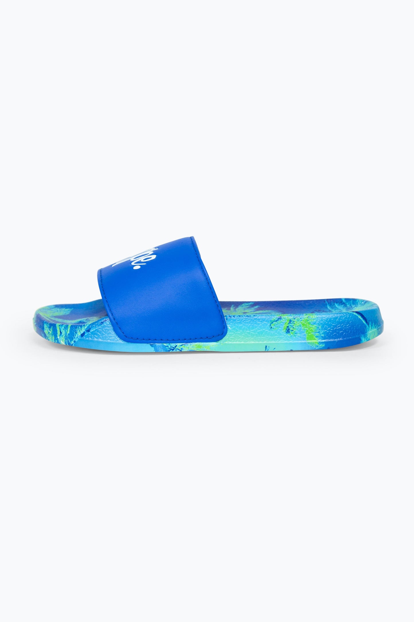 HYPE BOYS MULTI BLUE IBIZA PALM SCRIPT SLIDERS