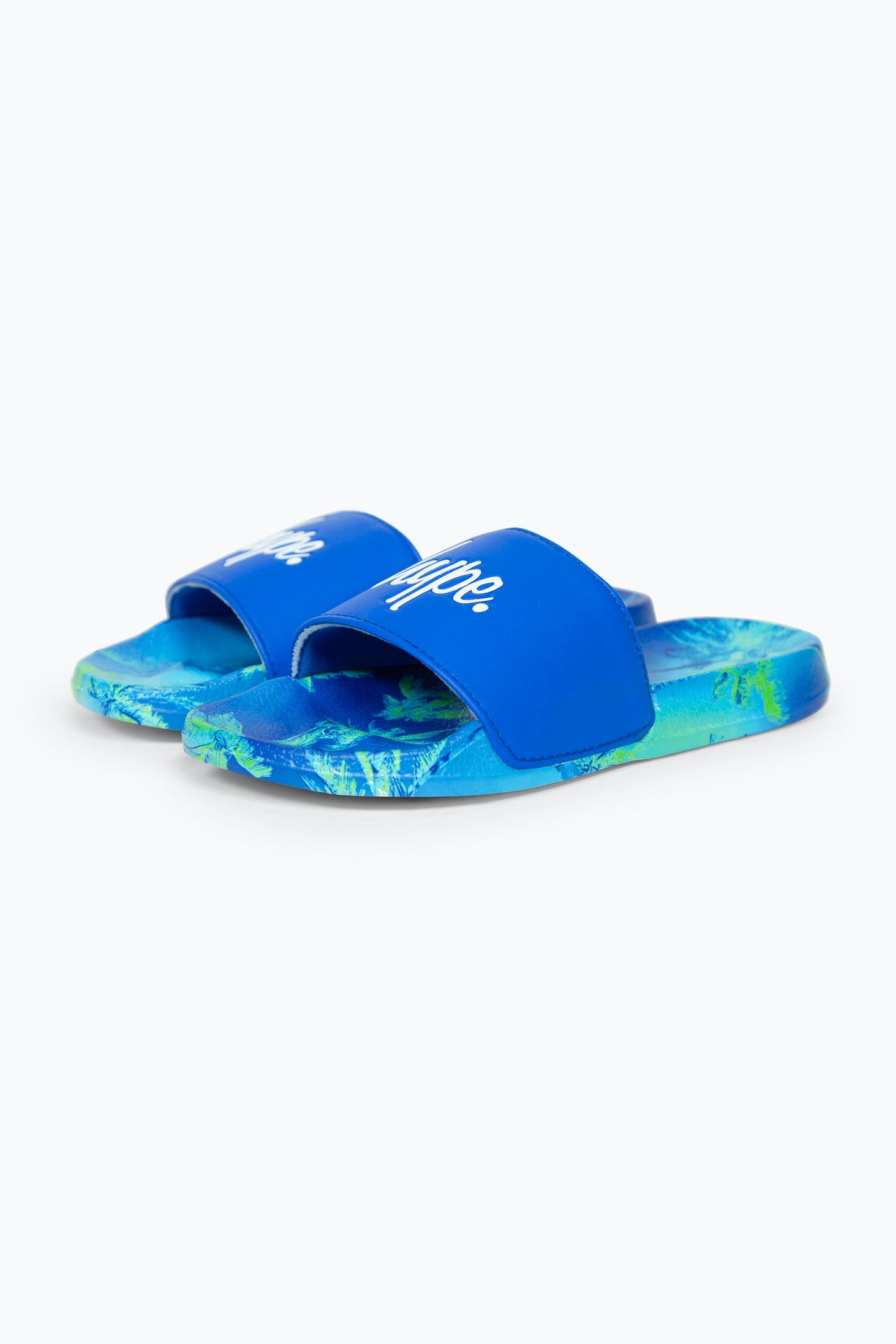 HYPE BOYS MULTI BLUE IBIZA PALM SCRIPT SLIDERS