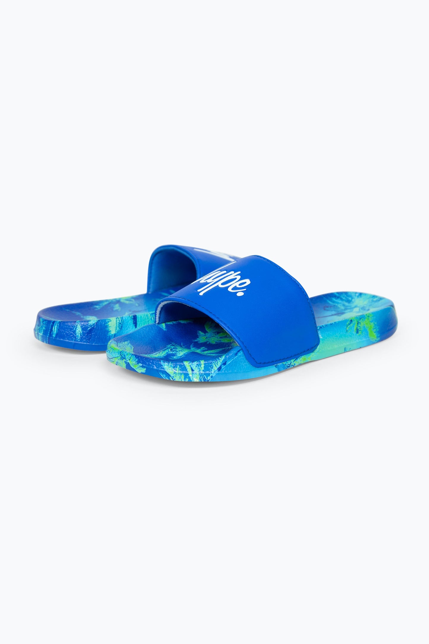 HYPE BOYS MULTI BLUE IBIZA PALM SCRIPT SLIDERS