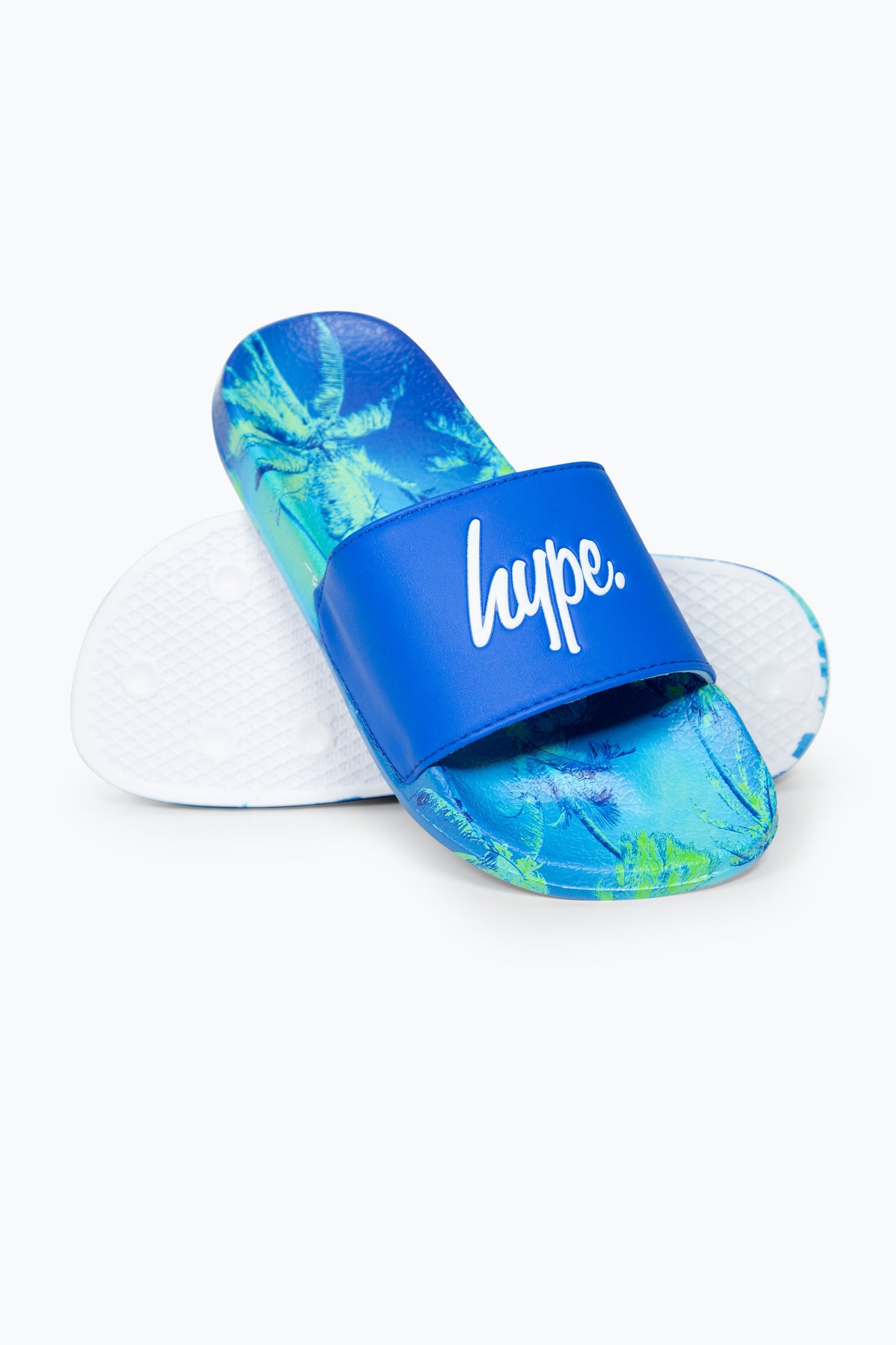 HYPE BOYS MULTI BLUE IBIZA PALM SCRIPT SLIDERS