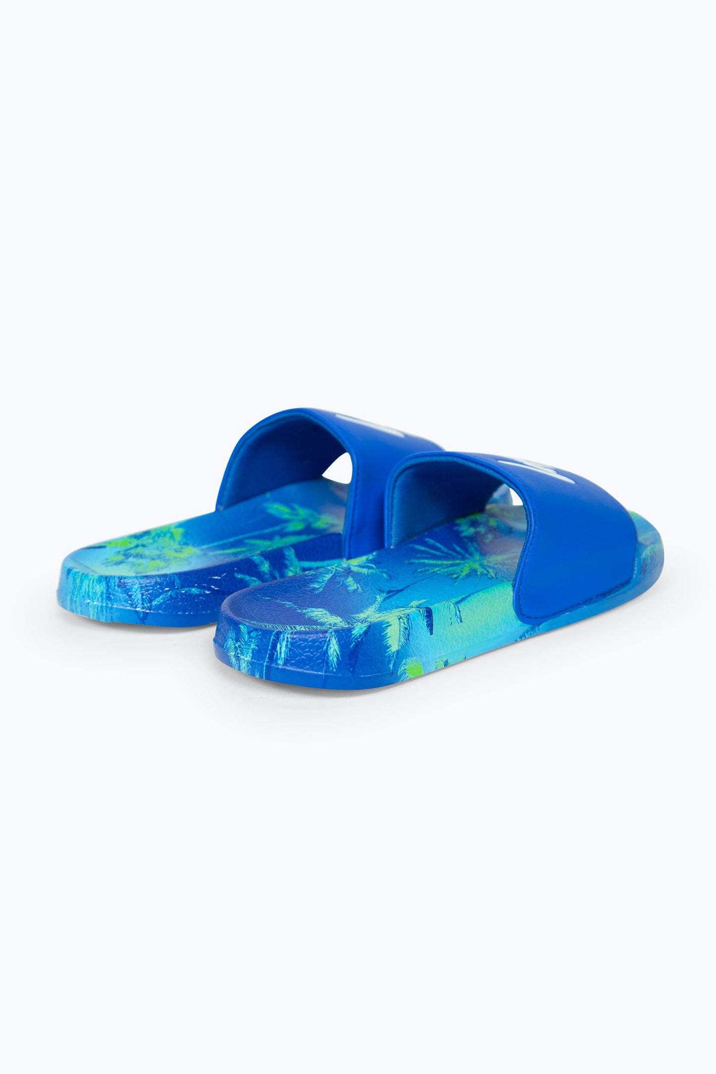 HYPE BOYS MULTI BLUE IBIZA PALM SCRIPT SLIDERS