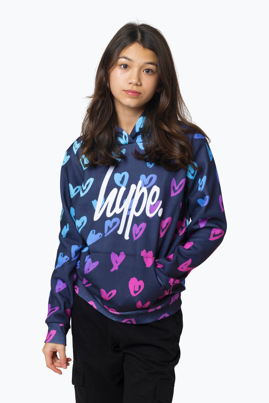 HYPE GIRLS MULTI SCRIBBLE HEARTS HOODIE