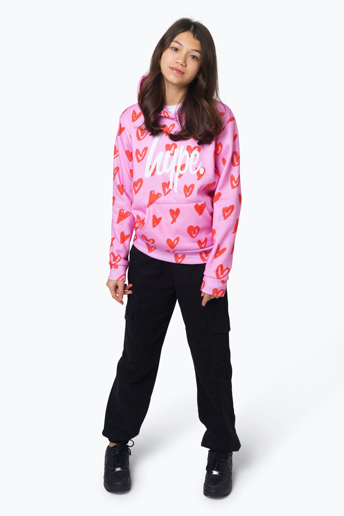 HYPE GIRLS MULTI SCRIBBLE HEARTS PINK HOODIE