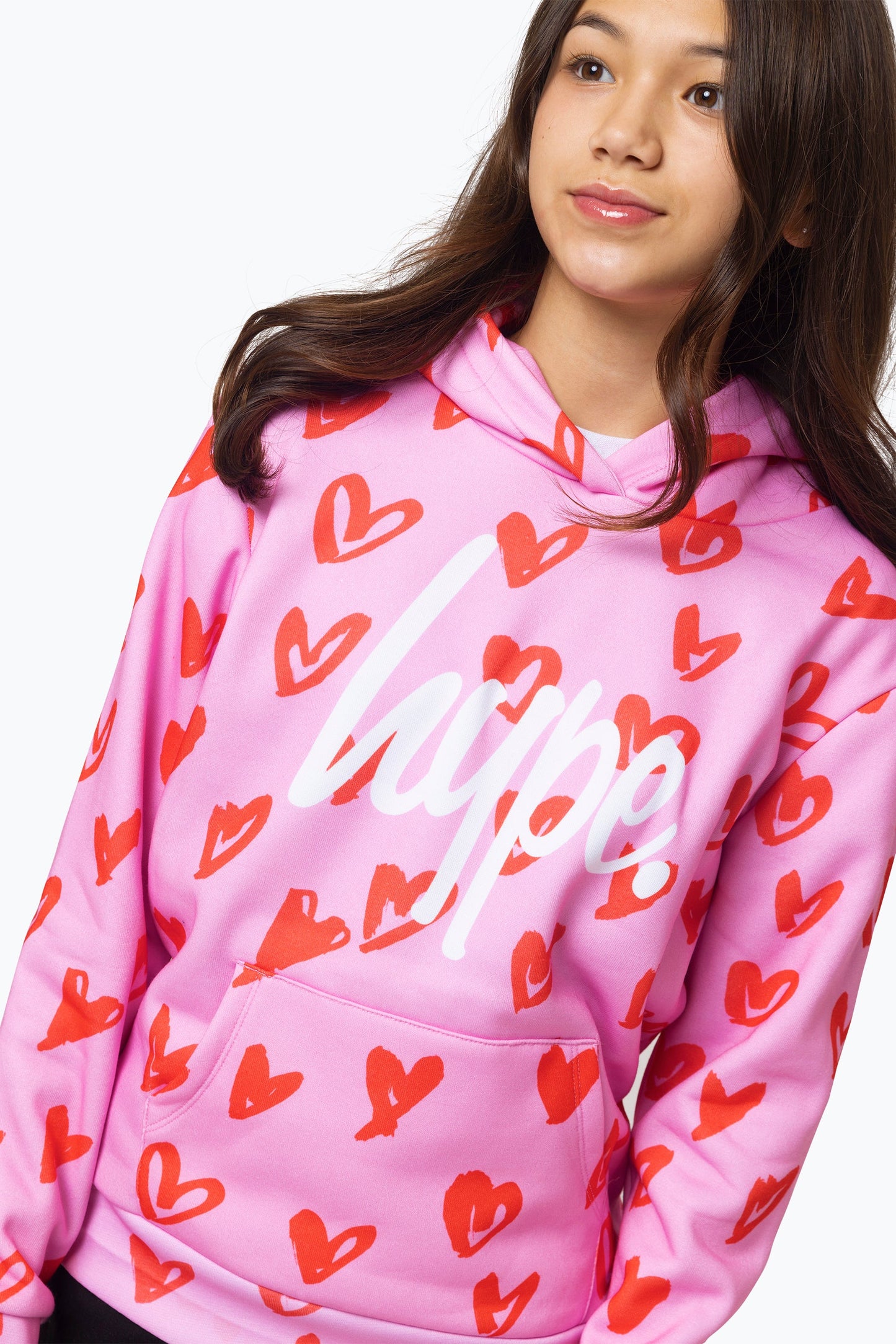 HYPE GIRLS MULTI SCRIBBLE HEARTS PINK HOODIE