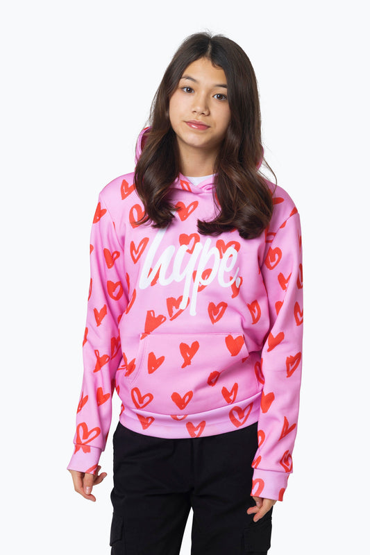 HYPE GIRLS MULTI SCRIBBLE HEARTS PINK HOODIE