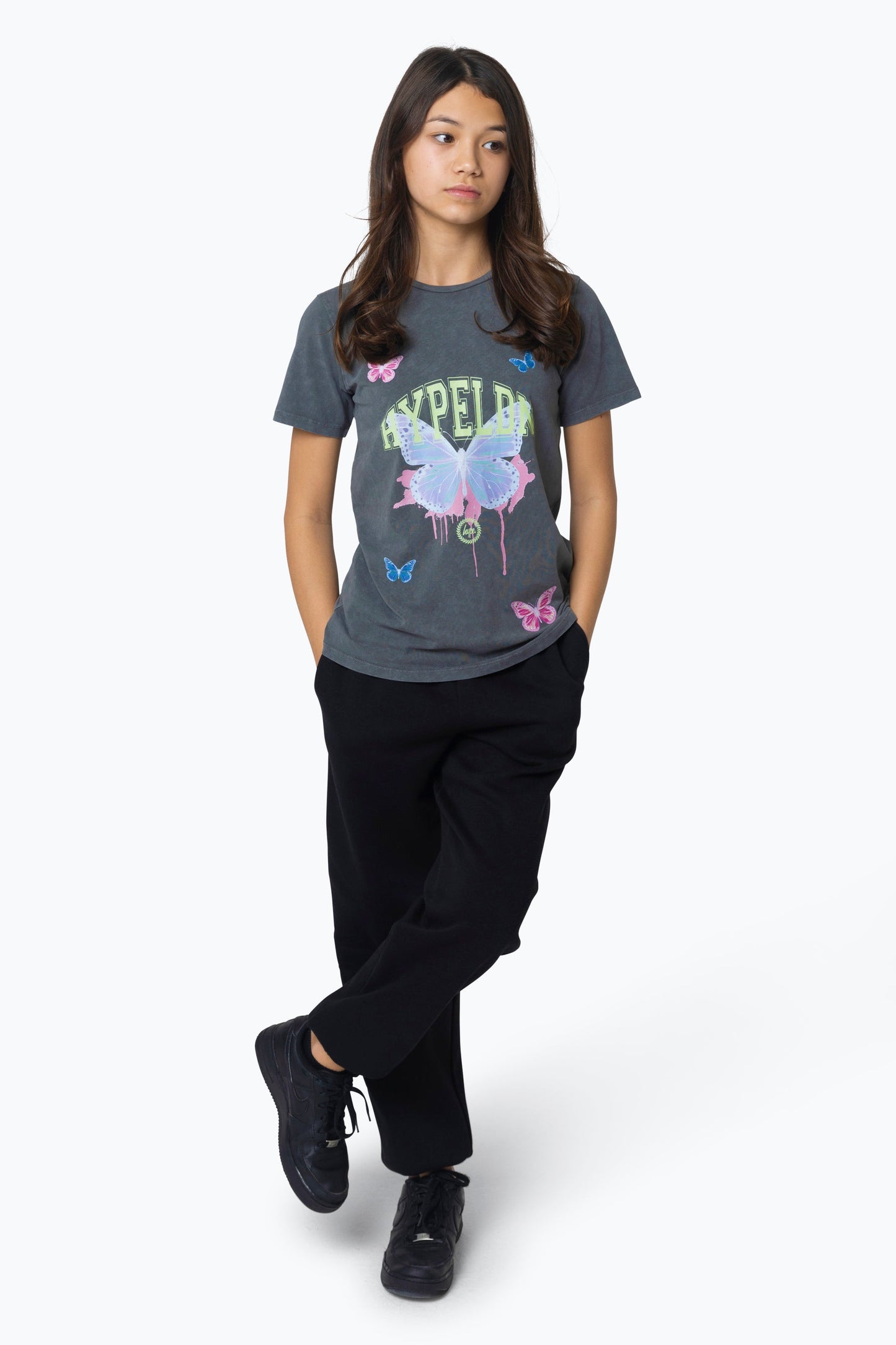 HYPE GIRLS BLACK ACID WASH BUTTERFLY T-SHIRT