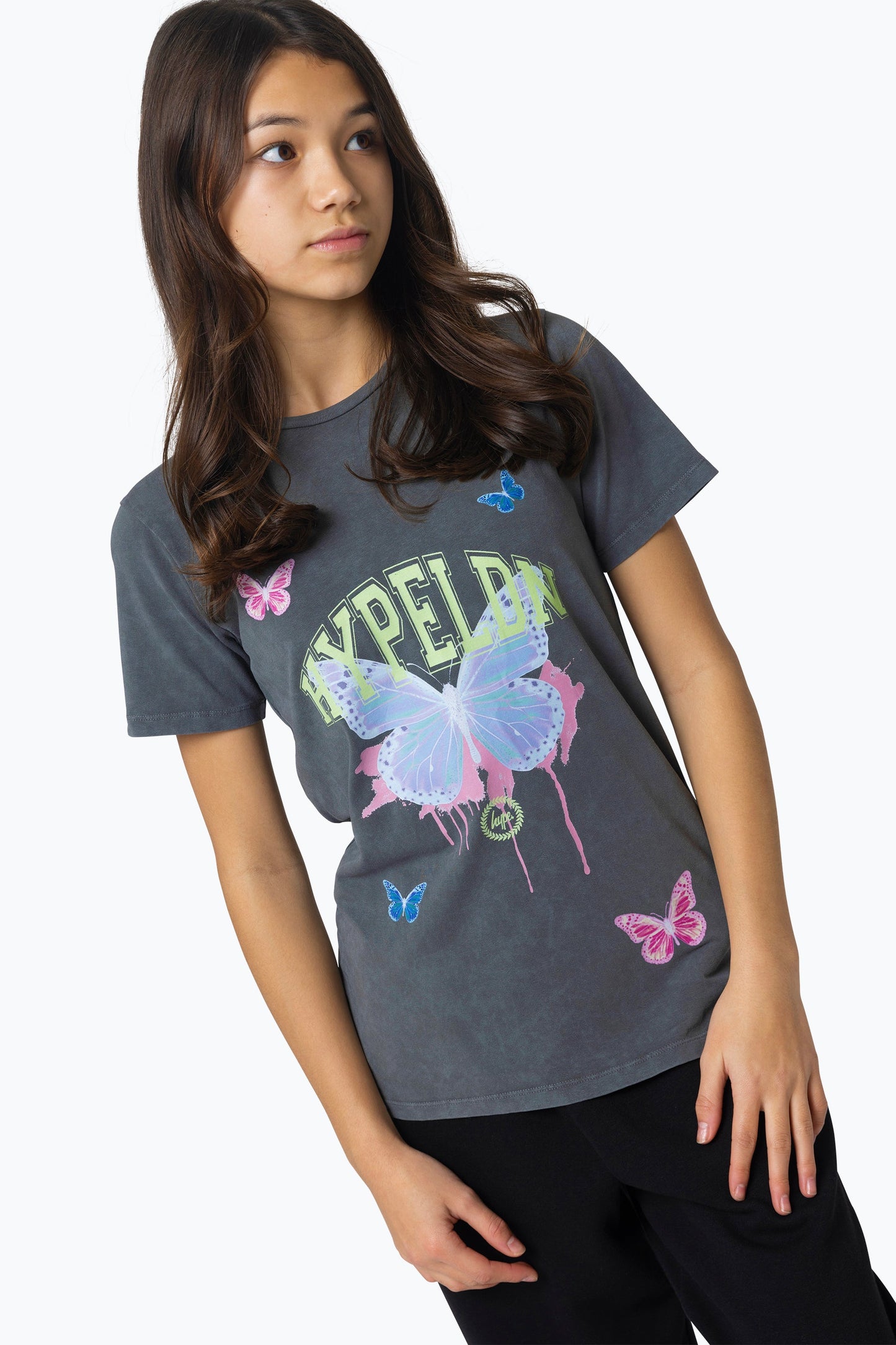 HYPE GIRLS BLACK ACID WASH BUTTERFLY T-SHIRT