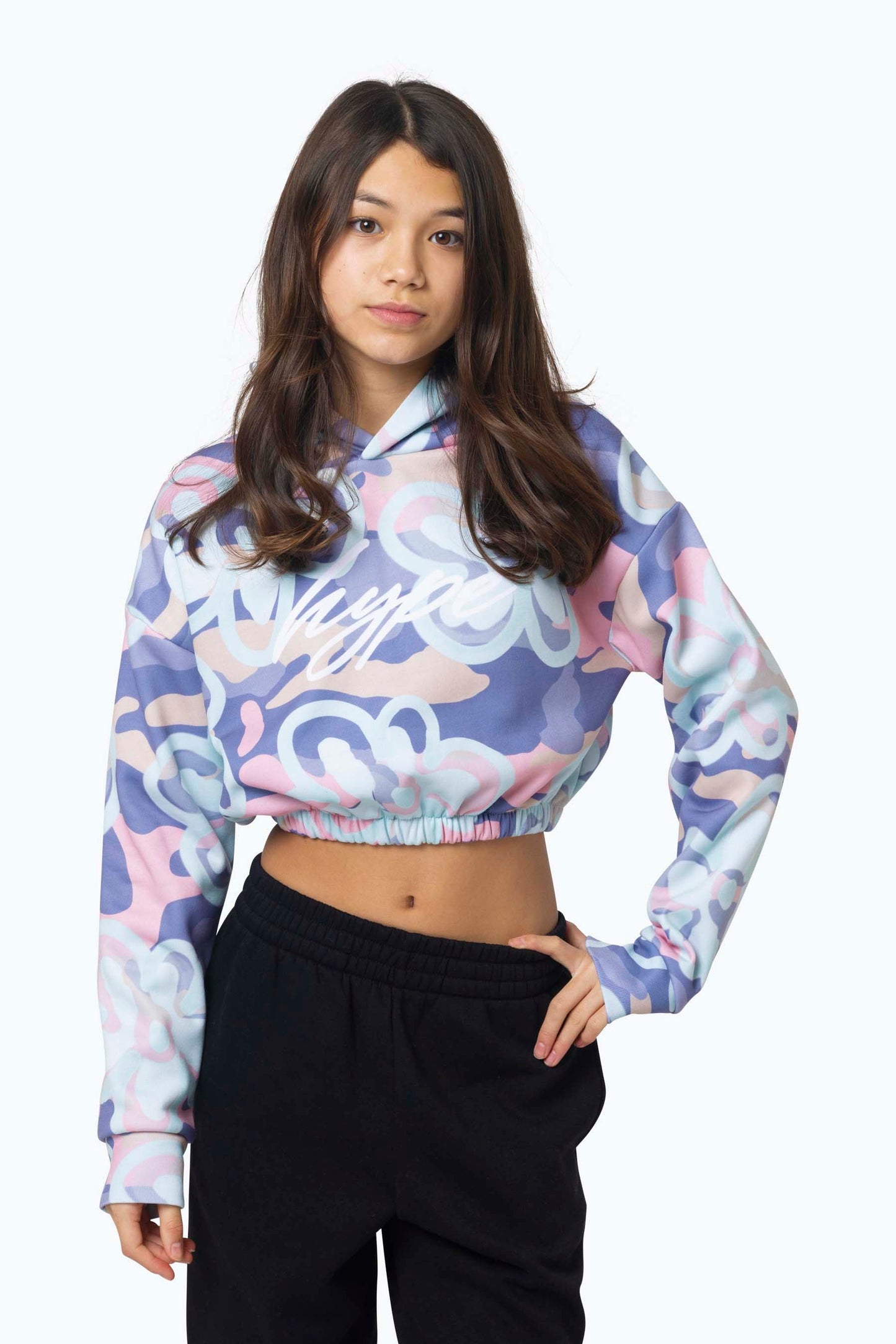 HYPE KIDS PINK CAMO FLOWER CROP HOODIE