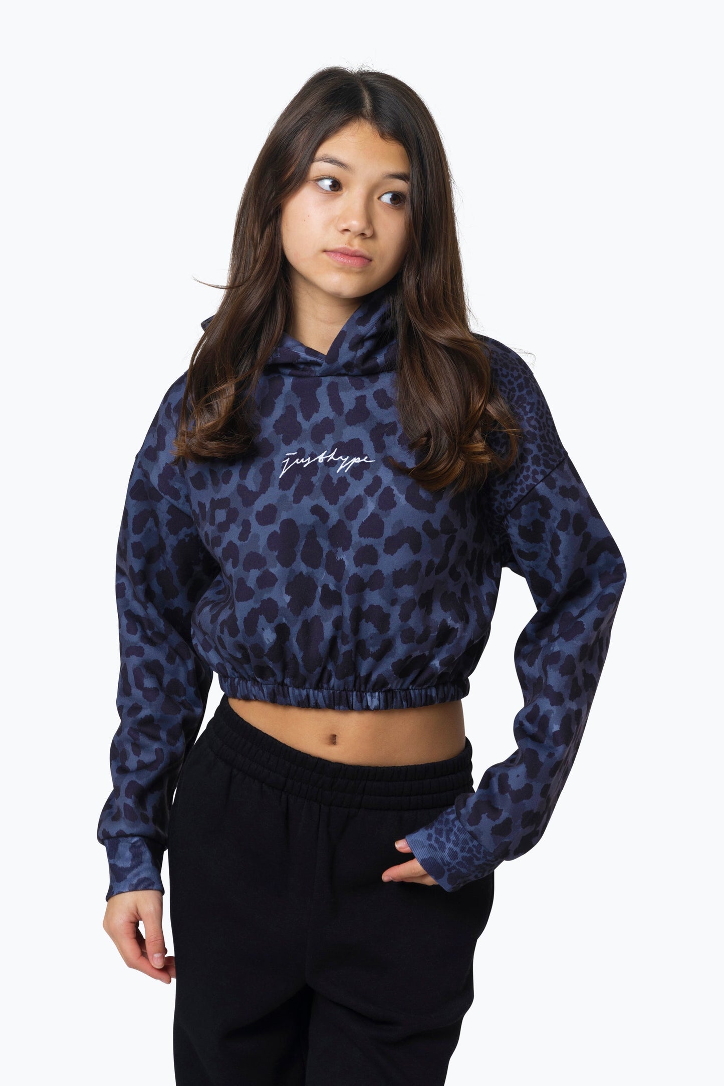 HYPE KIDS BLACK MONO LEOPARD CROP HOODIE