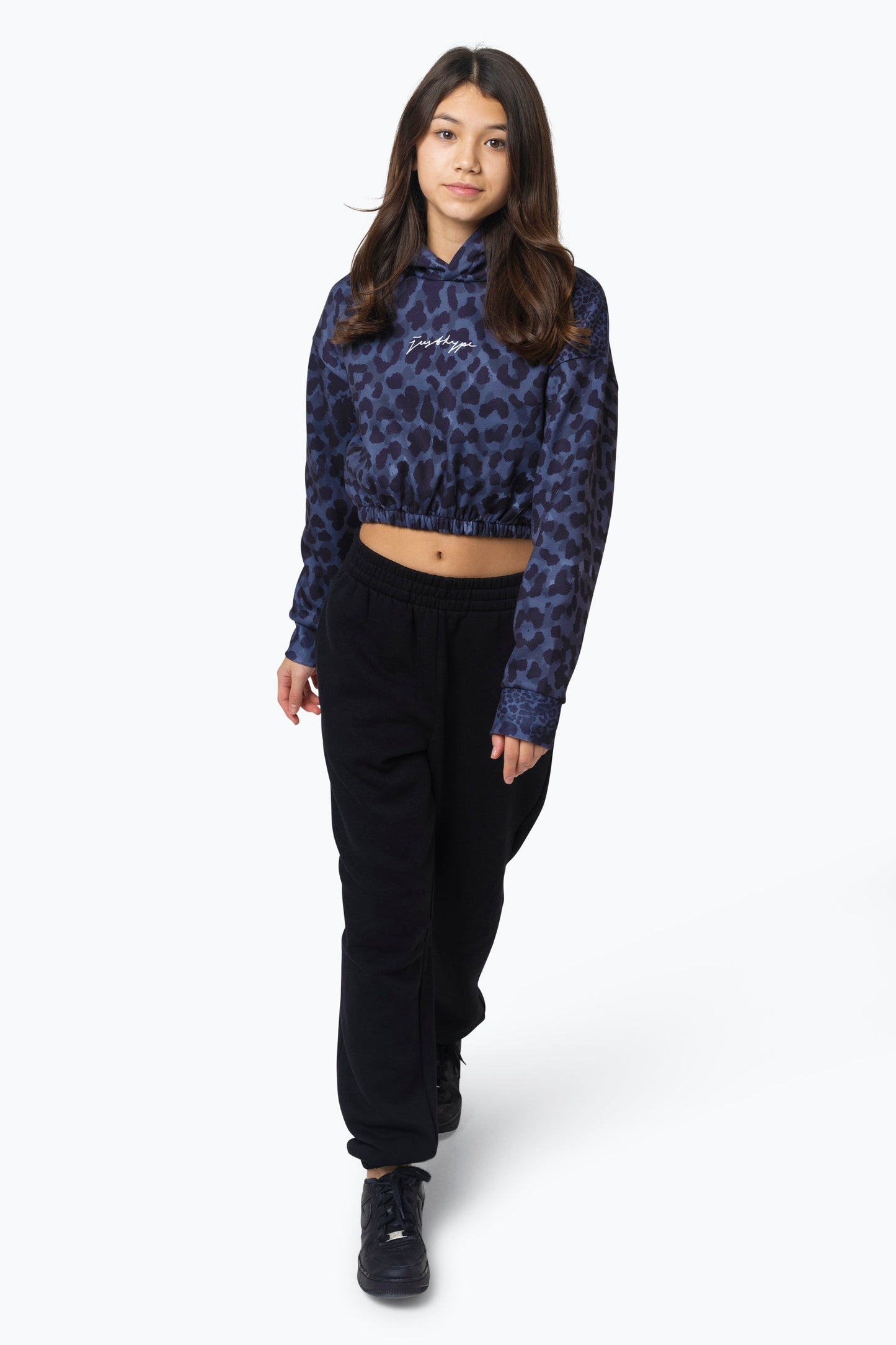 HYPE KIDS BLACK MONO LEOPARD CROP HOODIE