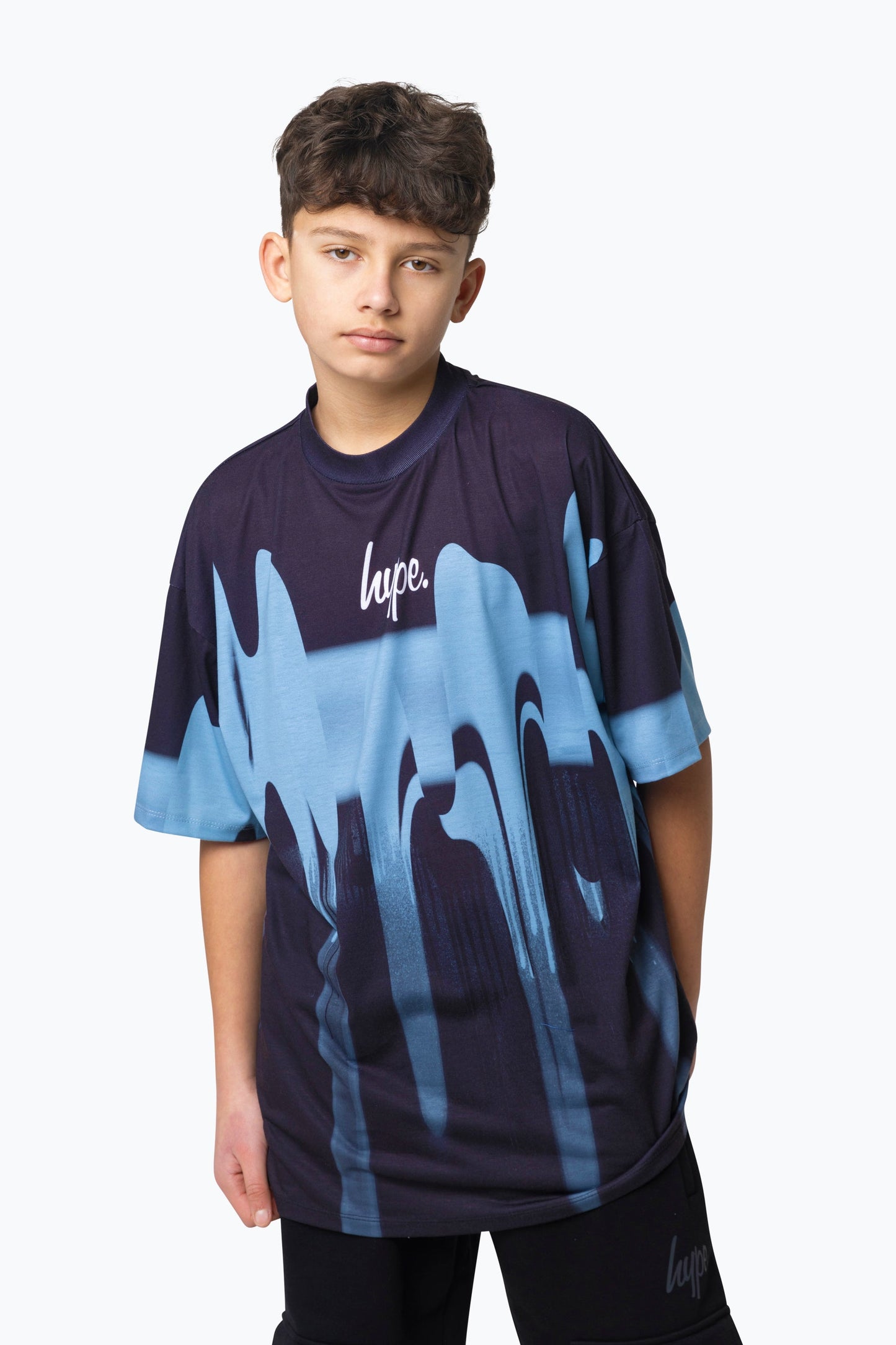 HYPE BOYS MULTI BLUE BLUR PAINT SMALL SCRIPT T-SHIRT