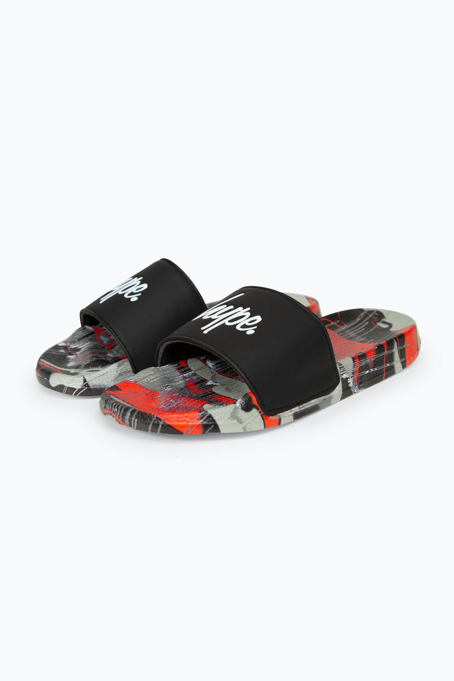 HYPE BOYS MULTI RED CAMO BLUR DRIPS SCRIPT SLIDERS