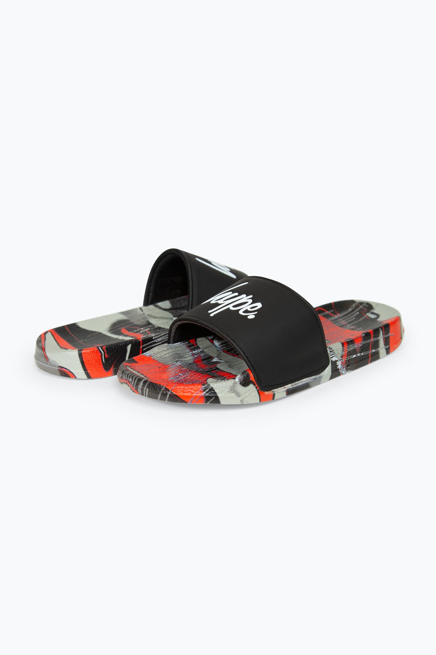 HYPE BOYS MULTI RED CAMO BLUR DRIPS SCRIPT SLIDERS