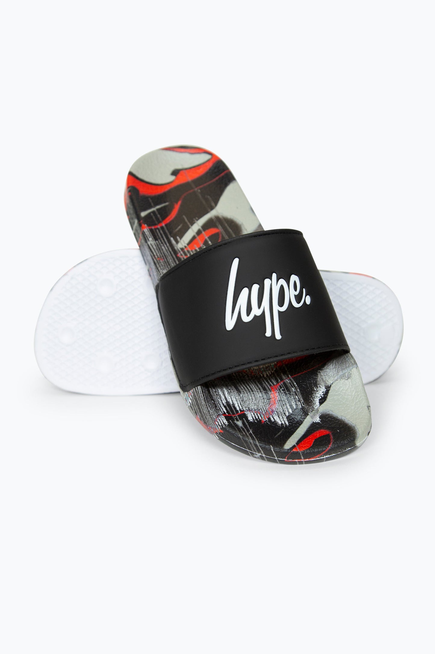 HYPE BOYS MULTI RED CAMO BLUR DRIPS SCRIPT SLIDERS