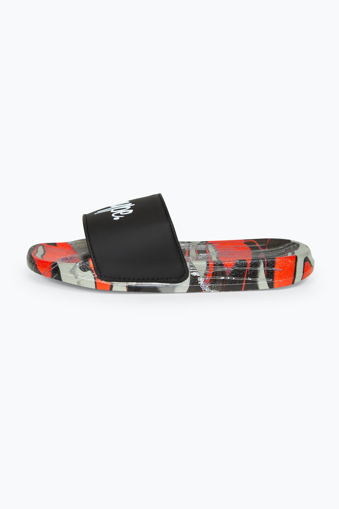 HYPE BOYS MULTI RED CAMO BLUR DRIPS SCRIPT SLIDERS