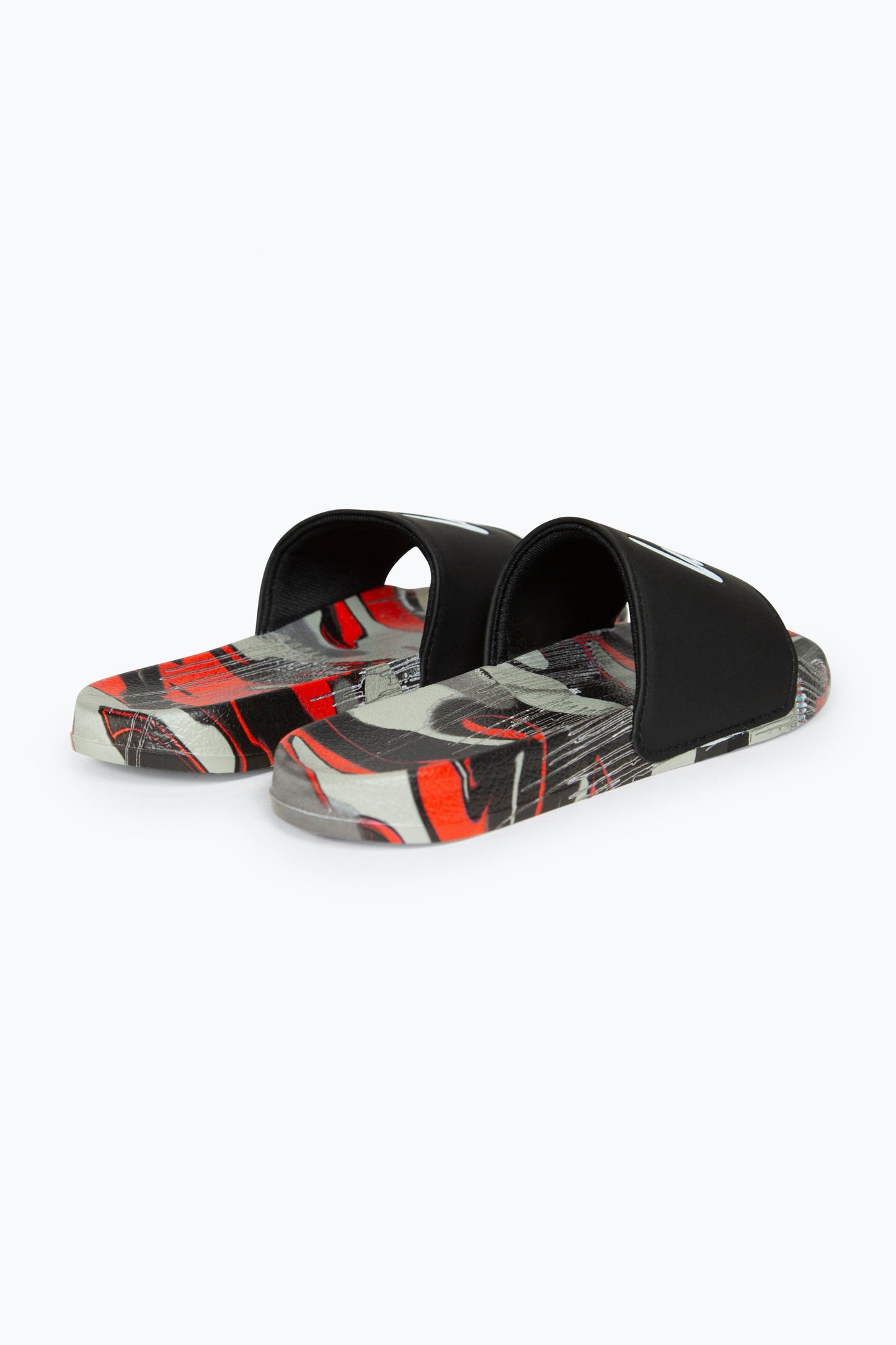 HYPE BOYS MULTI RED CAMO BLUR DRIPS SCRIPT SLIDERS