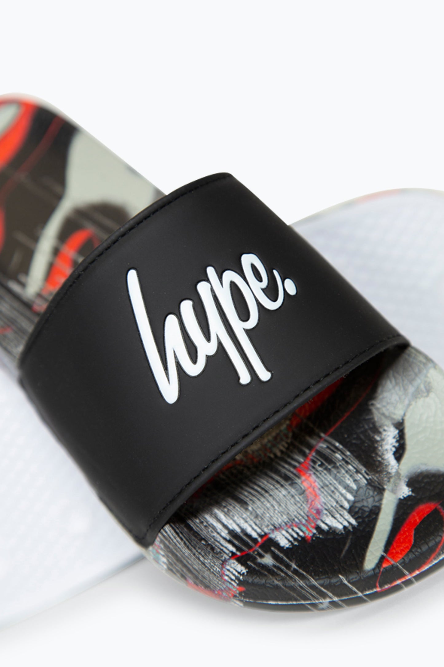 HYPE BOYS MULTI RED CAMO BLUR DRIPS SCRIPT SLIDERS