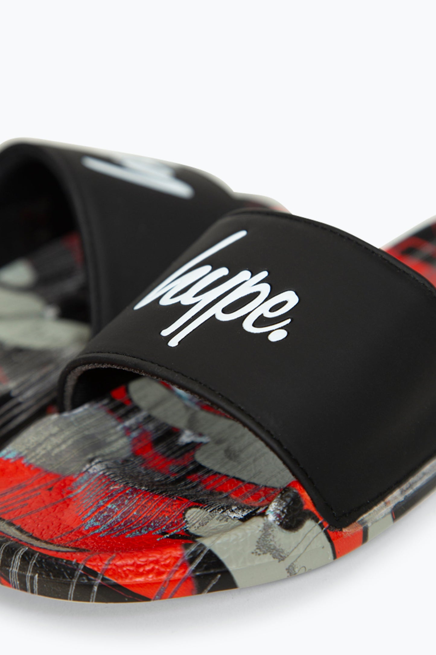 HYPE BOYS MULTI RED CAMO BLUR DRIPS SCRIPT SLIDERS