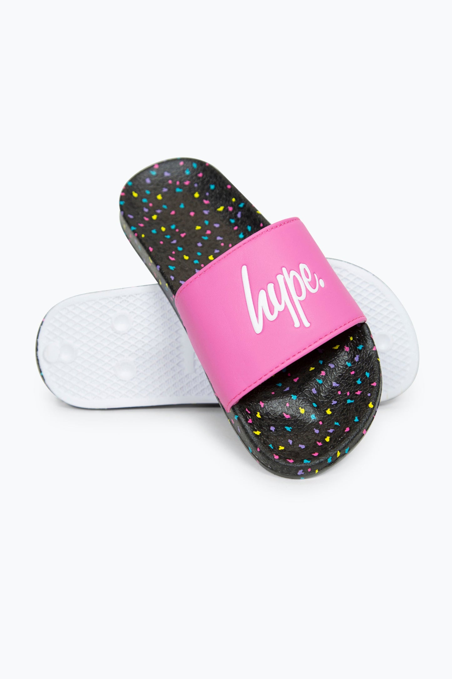 HYPE GIRLS MULTI BLACK PASTEL LEOPARD SCRIPT SLIDERS