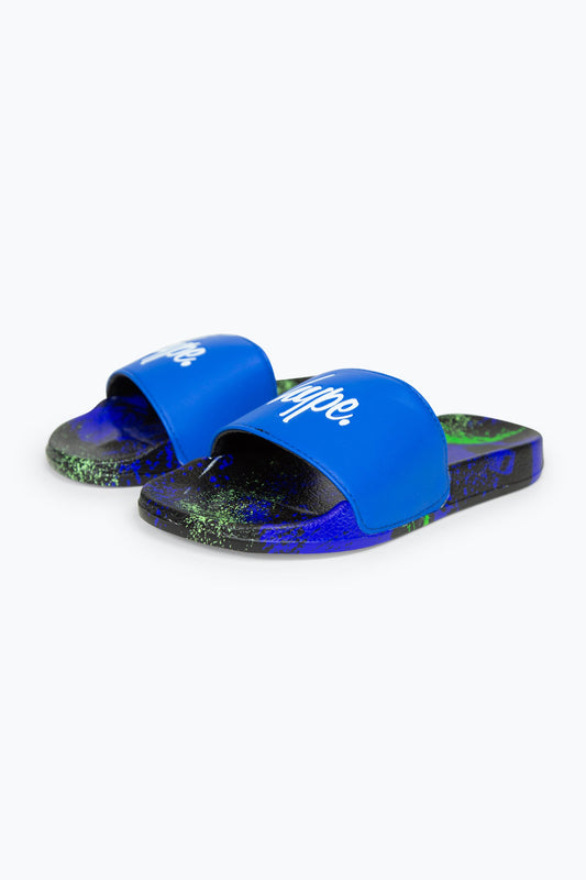 HYPE BOYS MULTI BLUE BRUSH STROKE SCRIPT SLIDERS