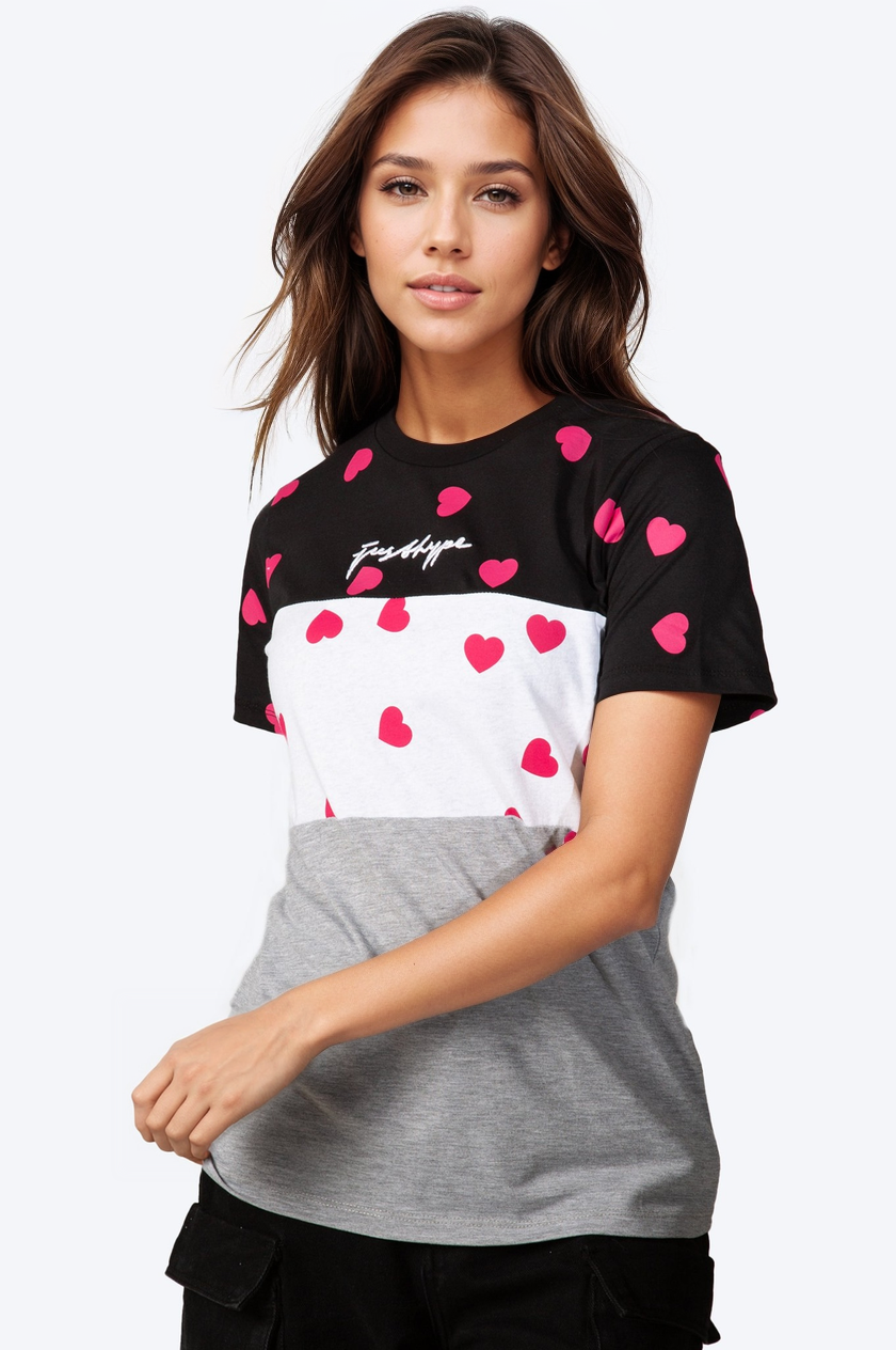 HYPE WOMENS GREY TRI SCATTER HEART SCRIBBLE T-SHIRT