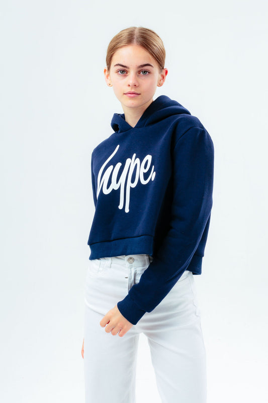 HYPE GIRLS NAVY SCRIPT KIDS CROP HOODIE