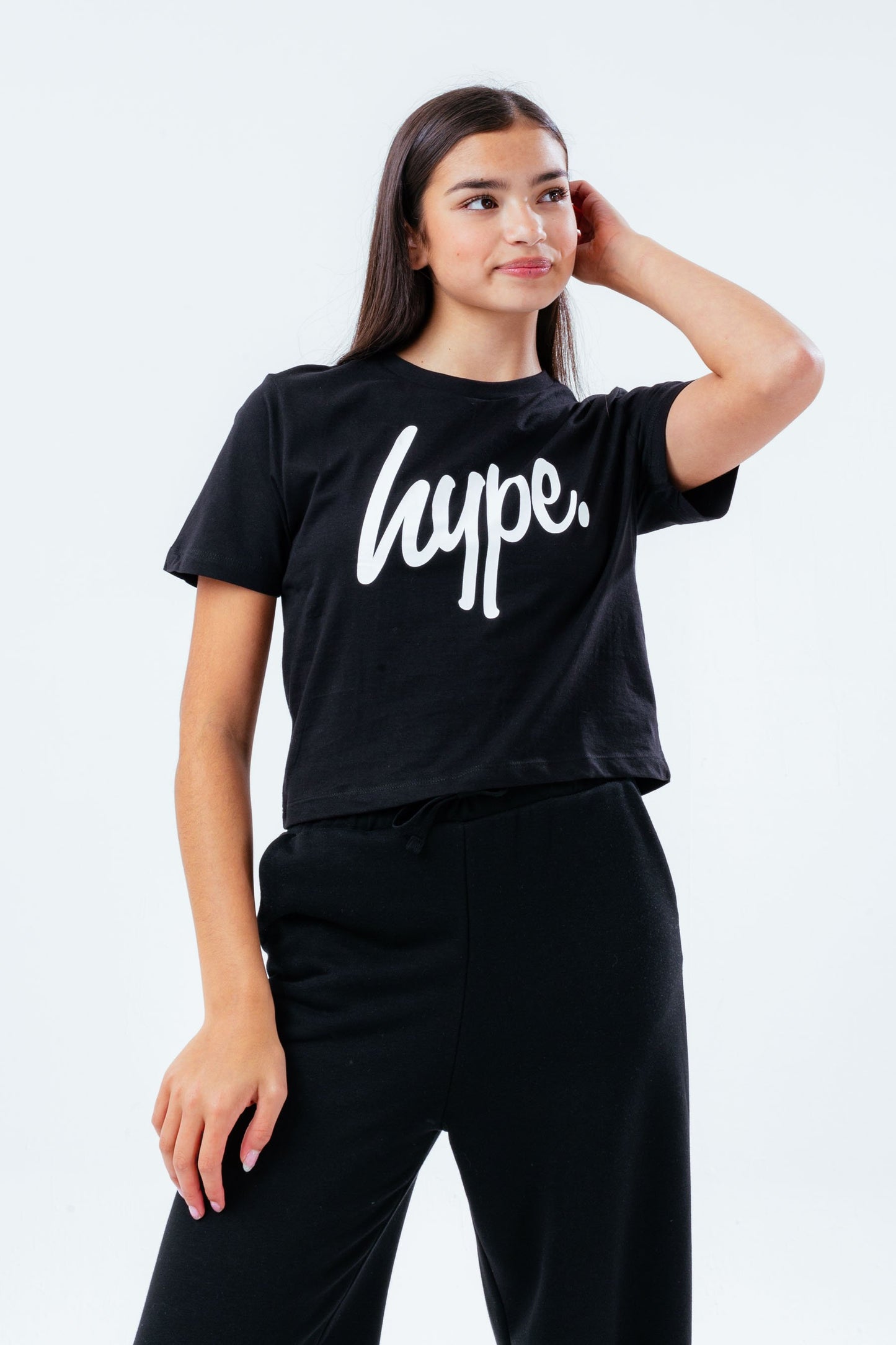 HYPE GIRLS BLACK SCRIPT CROP T-SHIRT