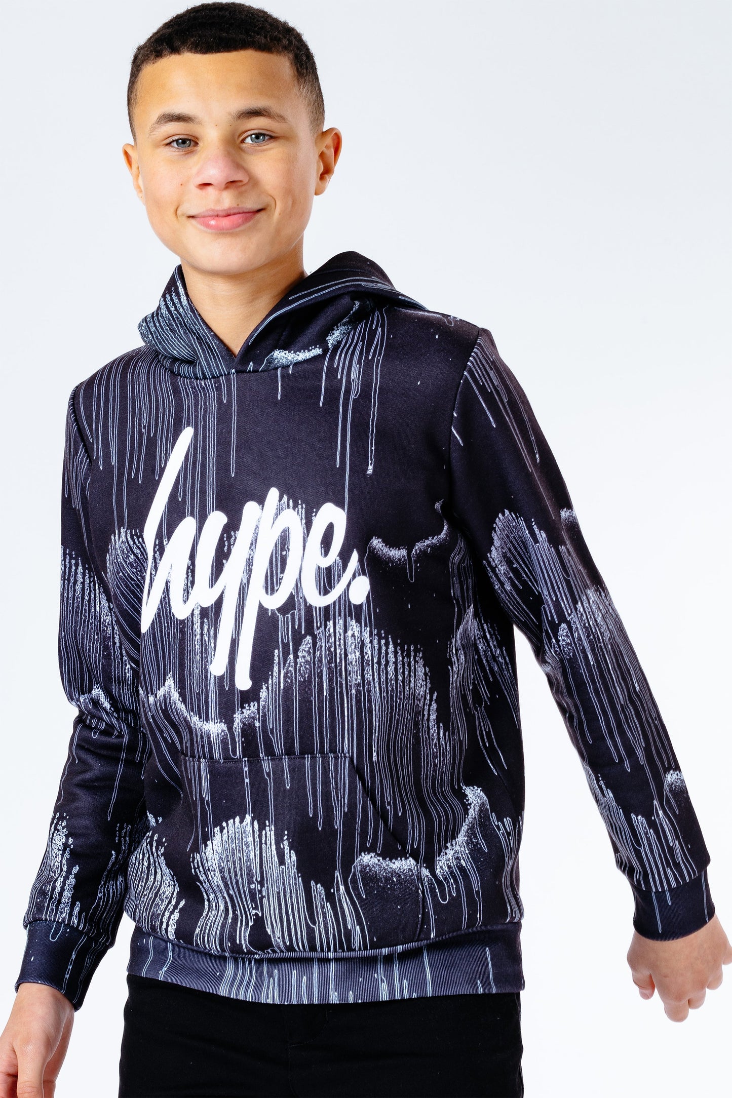 Hype Grayscale Drips Repeat Logo Kids Pullover Hoodie