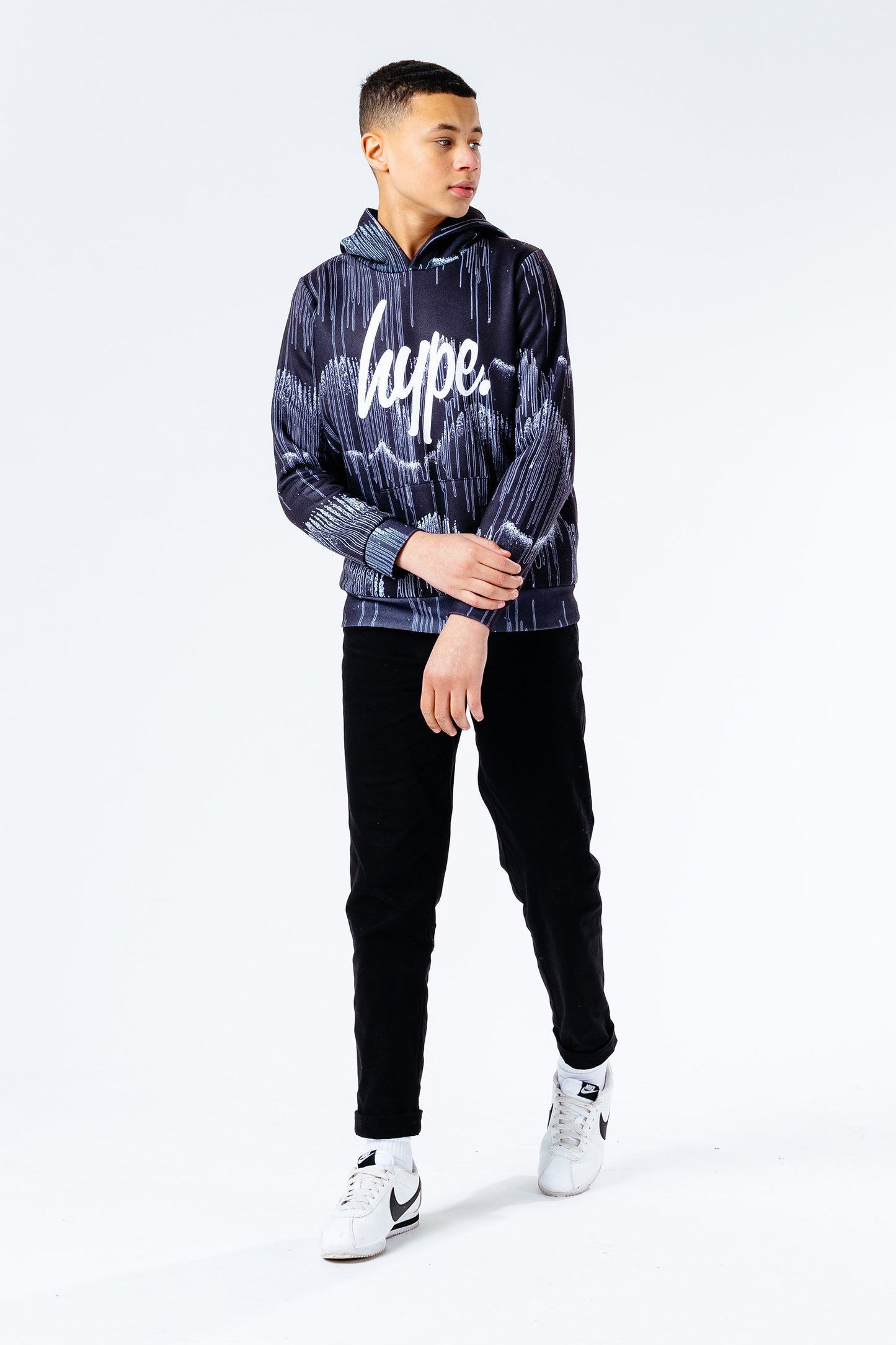 Hype Grayscale Drips Repeat Logo Kids Pullover Hoodie