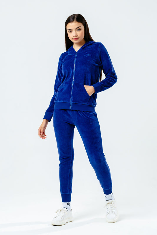 HYPE NAVY VELOUR MINI SCRIPT ZIP THROUGH GIRLS TRACKSUIT SET