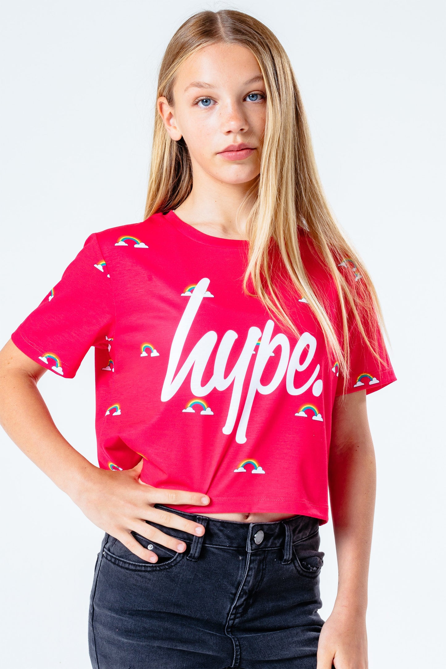 Hype Pink Ditsy Rainbow Print Kids Crop T-Shirt