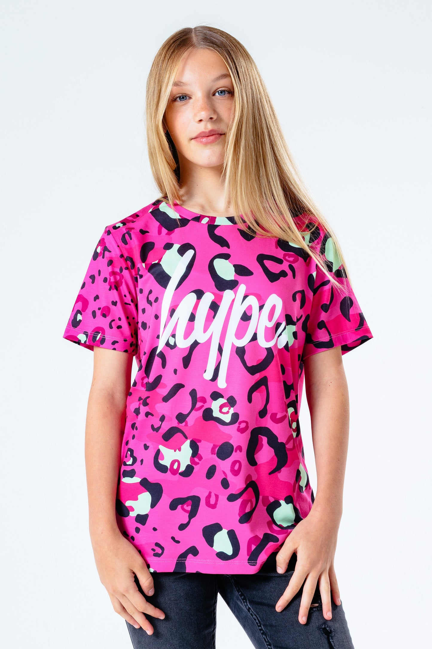 Hype Pink & Green Leopard Kids T-Shirt
