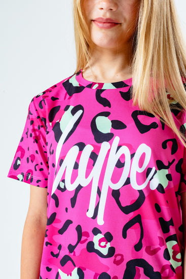 Hype Pink & Green Leopard Kids T-Shirt