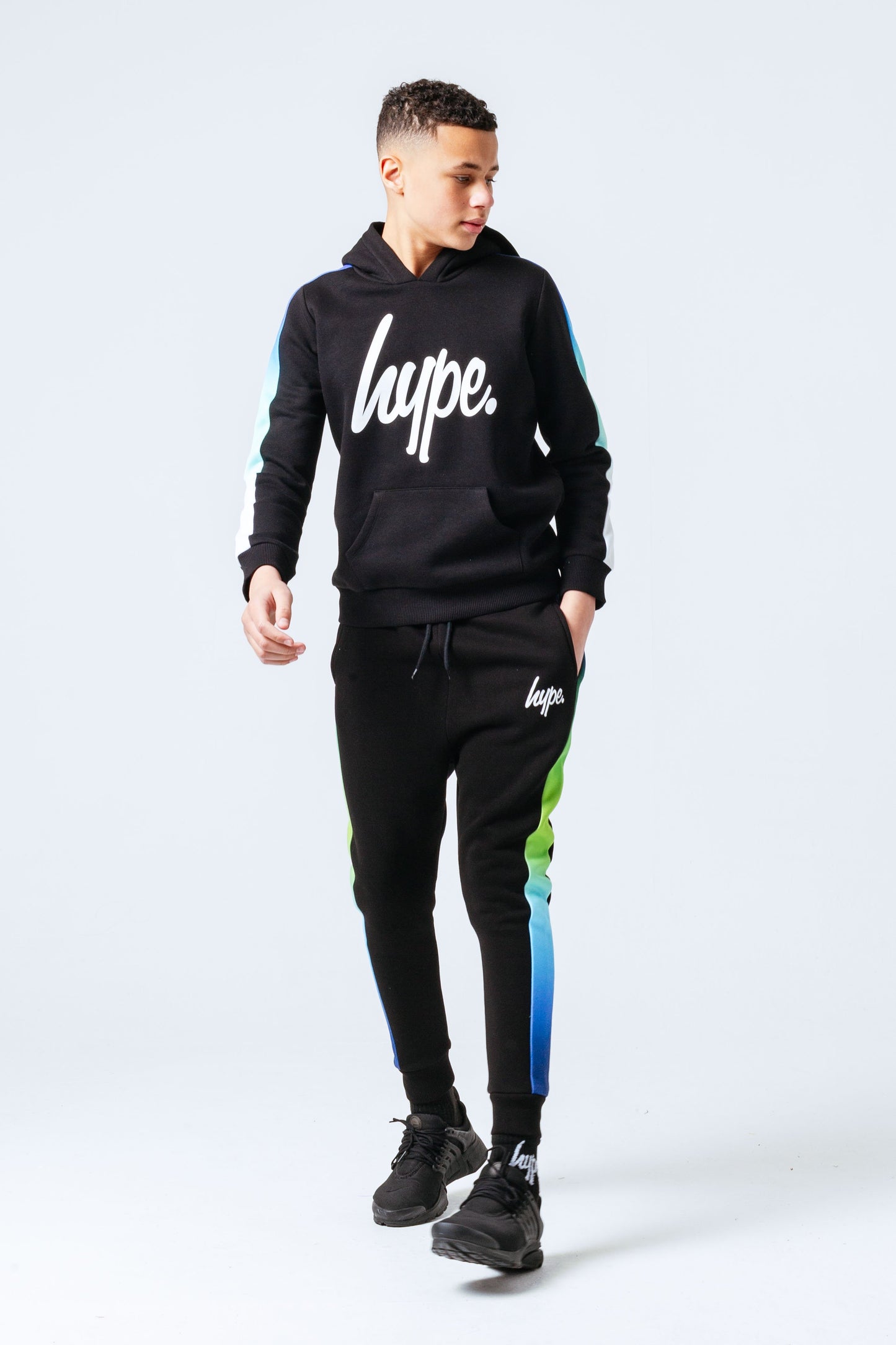 HYPE BLUE GREEN FADE SLEEVE PANEL KIDS PULLOVER HOODIE
