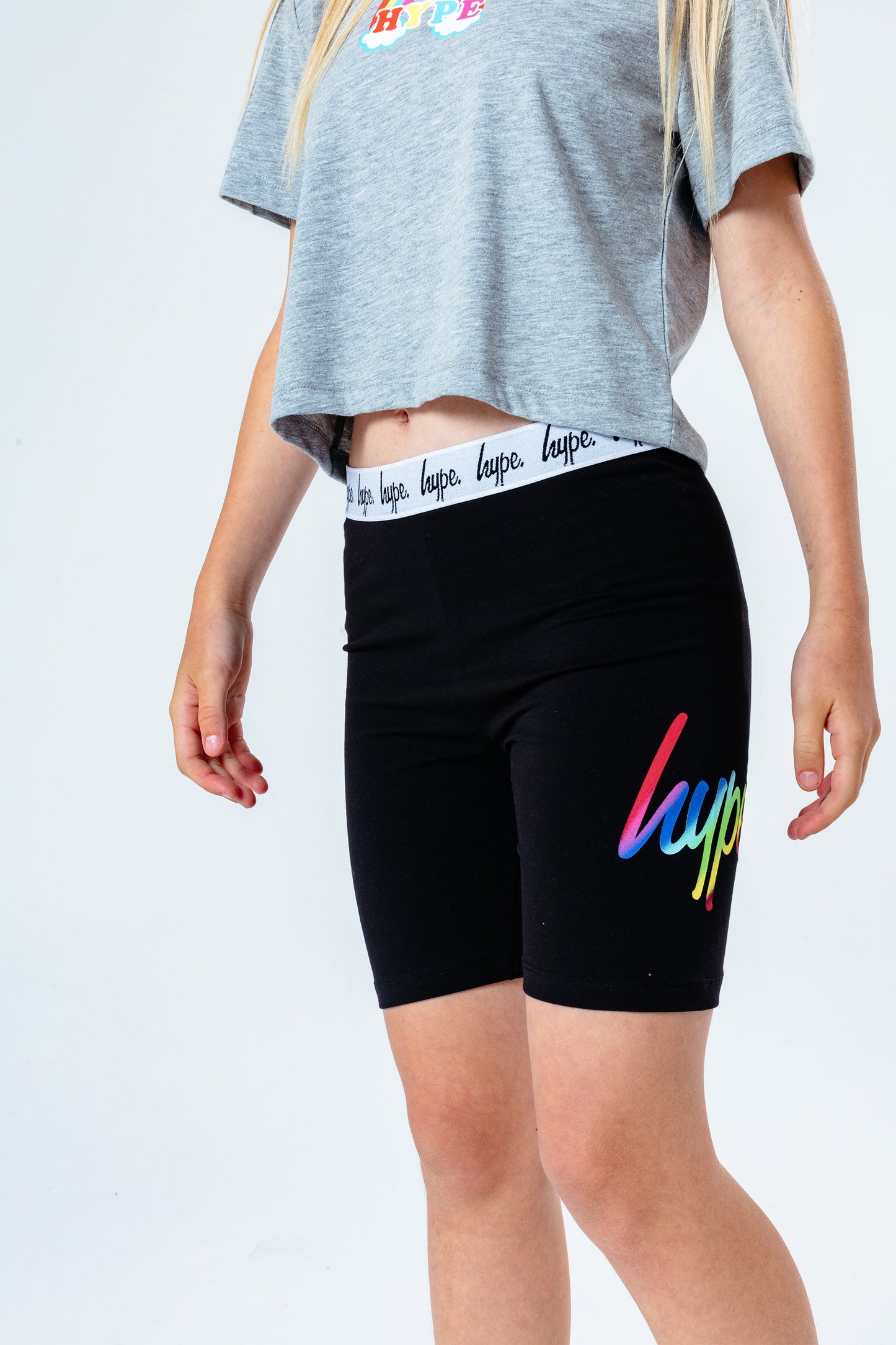 Hype Black Rainbow Holo Script Kids Cycling Shorts