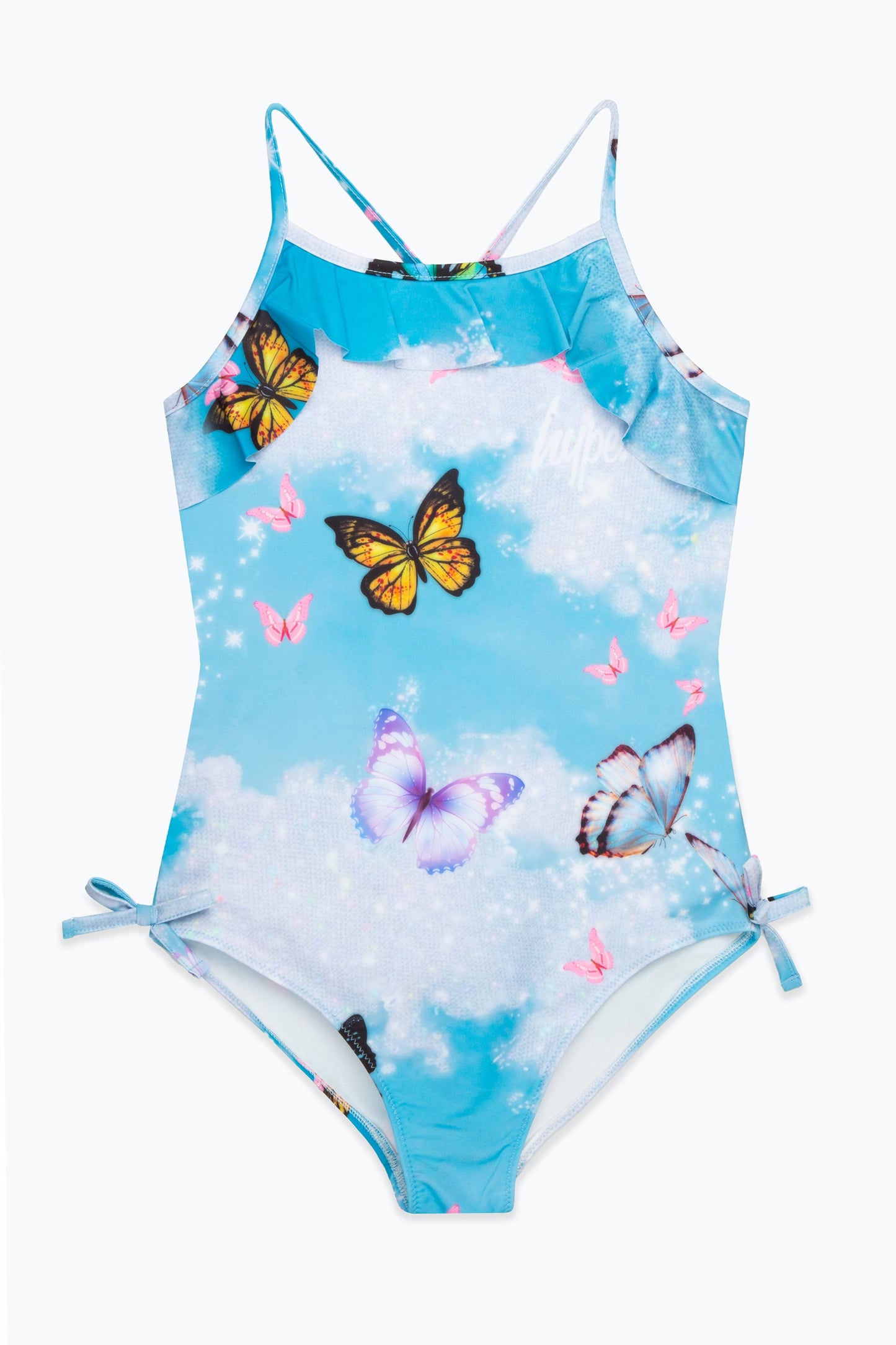 HYPE GIRLS GLITTER BUTTERFLY SKY SCRIPT FRILLY SWIMSUIT